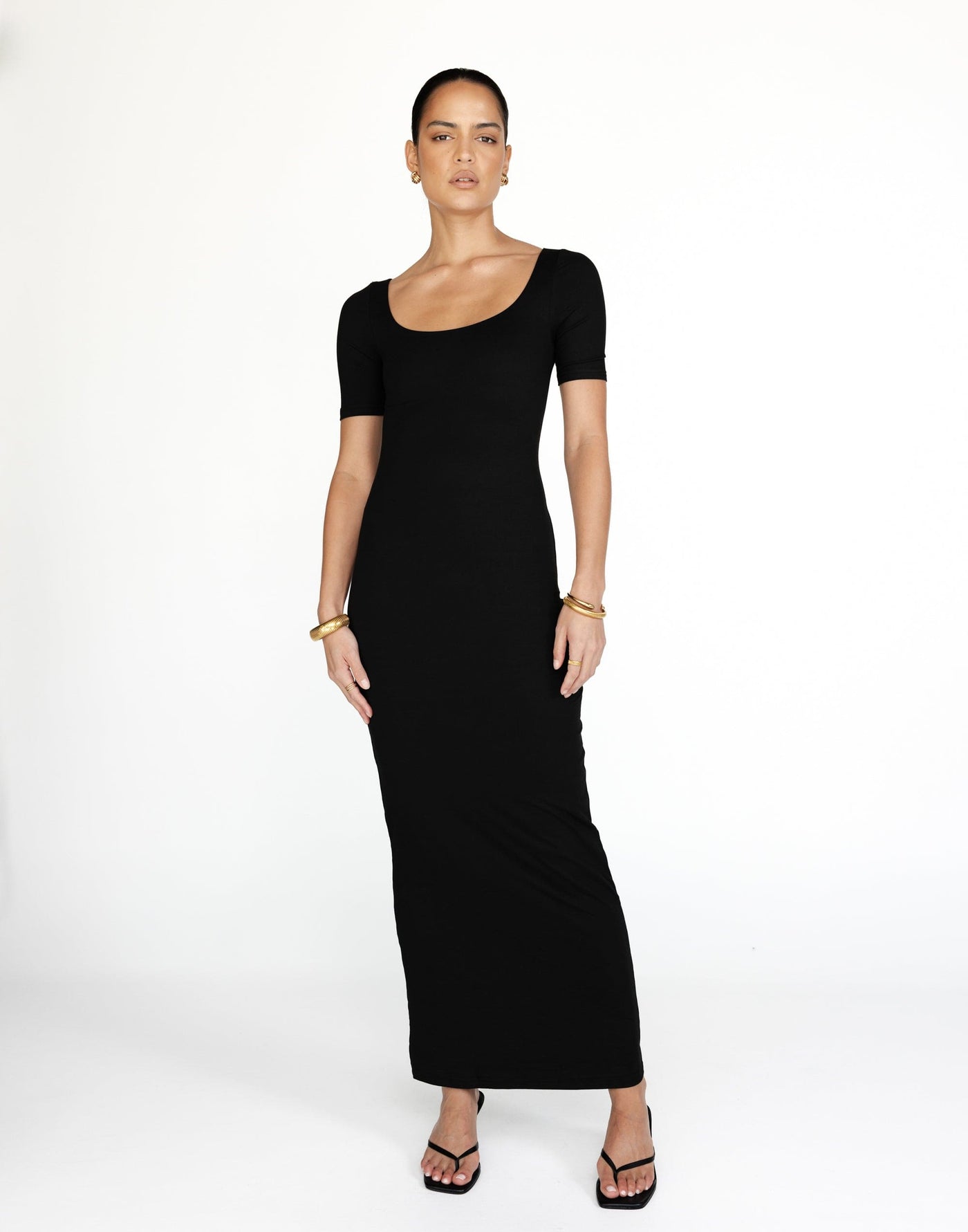 Margaux Maxi Dress (Black) | CHARCOAL Exclusive - Short Sleeve Round Neckline Bodycon Lined Jersey Maxi - Women's Dress - Charcoal Clothing