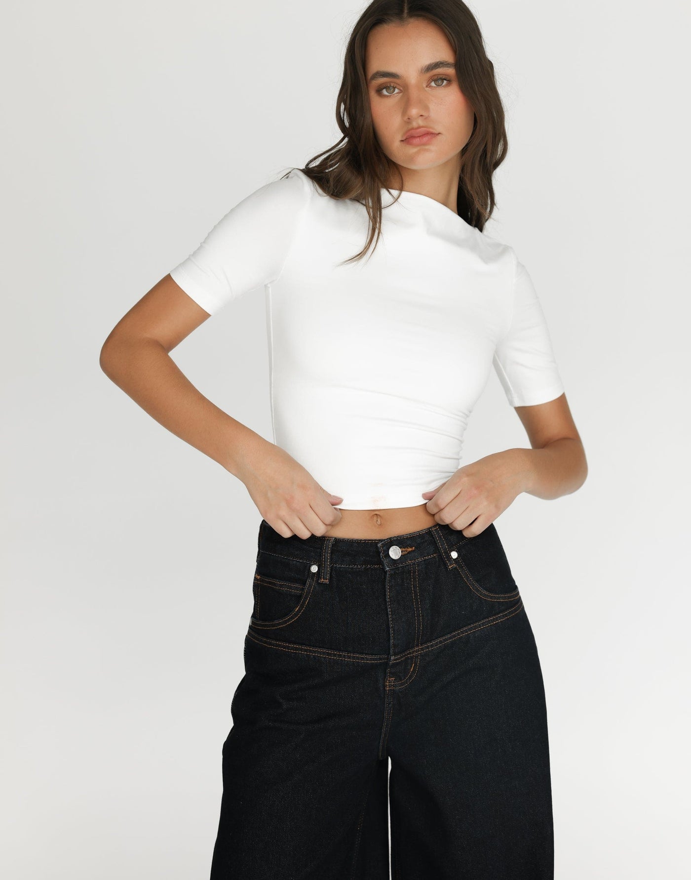 Aydin Jeans (Midnight) | CHARCOAL Exclusive - Wide Leg Front Panel Detail Jeans - Women's Pants - Charcoal Clothing