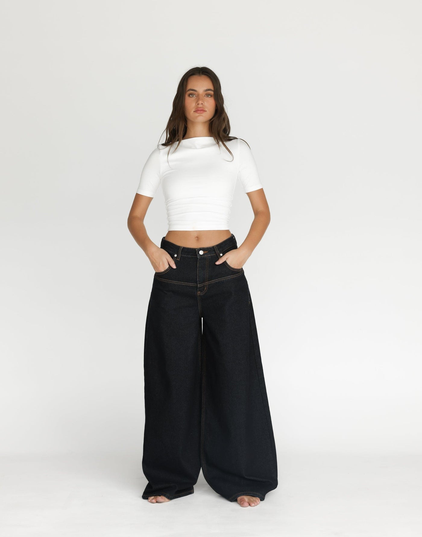 Aydin Jeans (Midnight) | CHARCOAL Exclusive - Wide Leg Front Panel Detail Jeans - Women's Pants - Charcoal Clothing