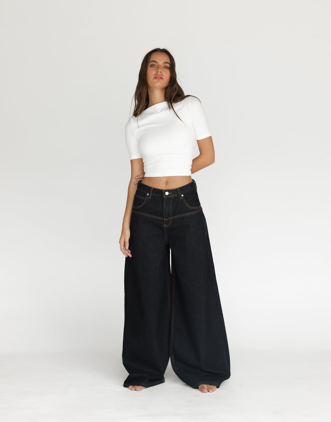 Aydin Jeans (Midnight) | CHARCOAL Exclusive - Wide Leg Front Panel Detail Jeans - Women's Pants - Charcoal Clothing