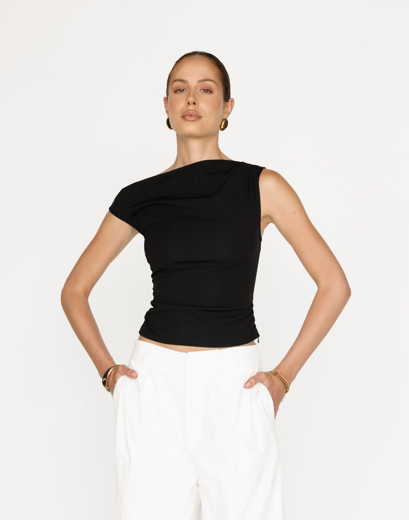 Laura Top (Black) | CHARCOAL Exclusive - Asymmetrical Neckline and Back Top - Women's Top - Charcoal Clothing