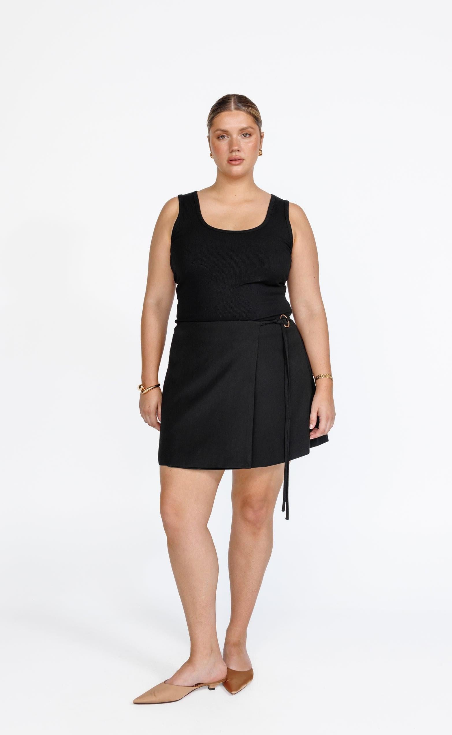 Alayna Mini Skirt (Black) | CHARCOAL Exclusive - Wrap-style Gold Detail Mini Skirt - Women's Skirt - Charcoal Clothing