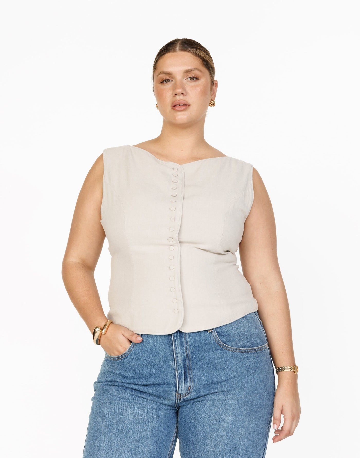 Asta Top (Latte) | CHARCOAL Exclusive - Contrast Detail Natural Fibre Blend Top - Women's Top - Charcoal Clothing