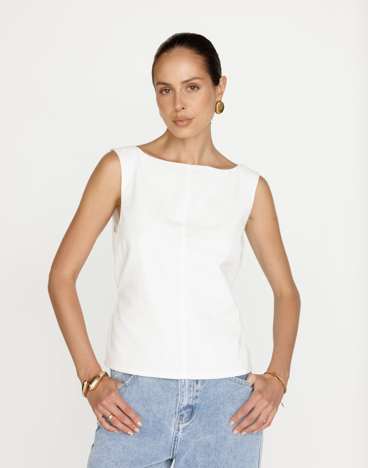 Corinne Top (White) | CHARCOAL Exclusive - High Neck Adjustable Waist Tie Top - Women's Top - Charcoal Clothing