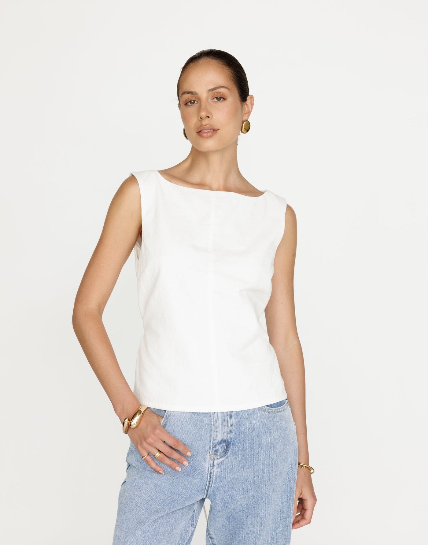 Corinne Top (White) | CHARCOAL Exclusive - High Neck Adjustable Waist Tie Top - Women's Top - Charcoal Clothing