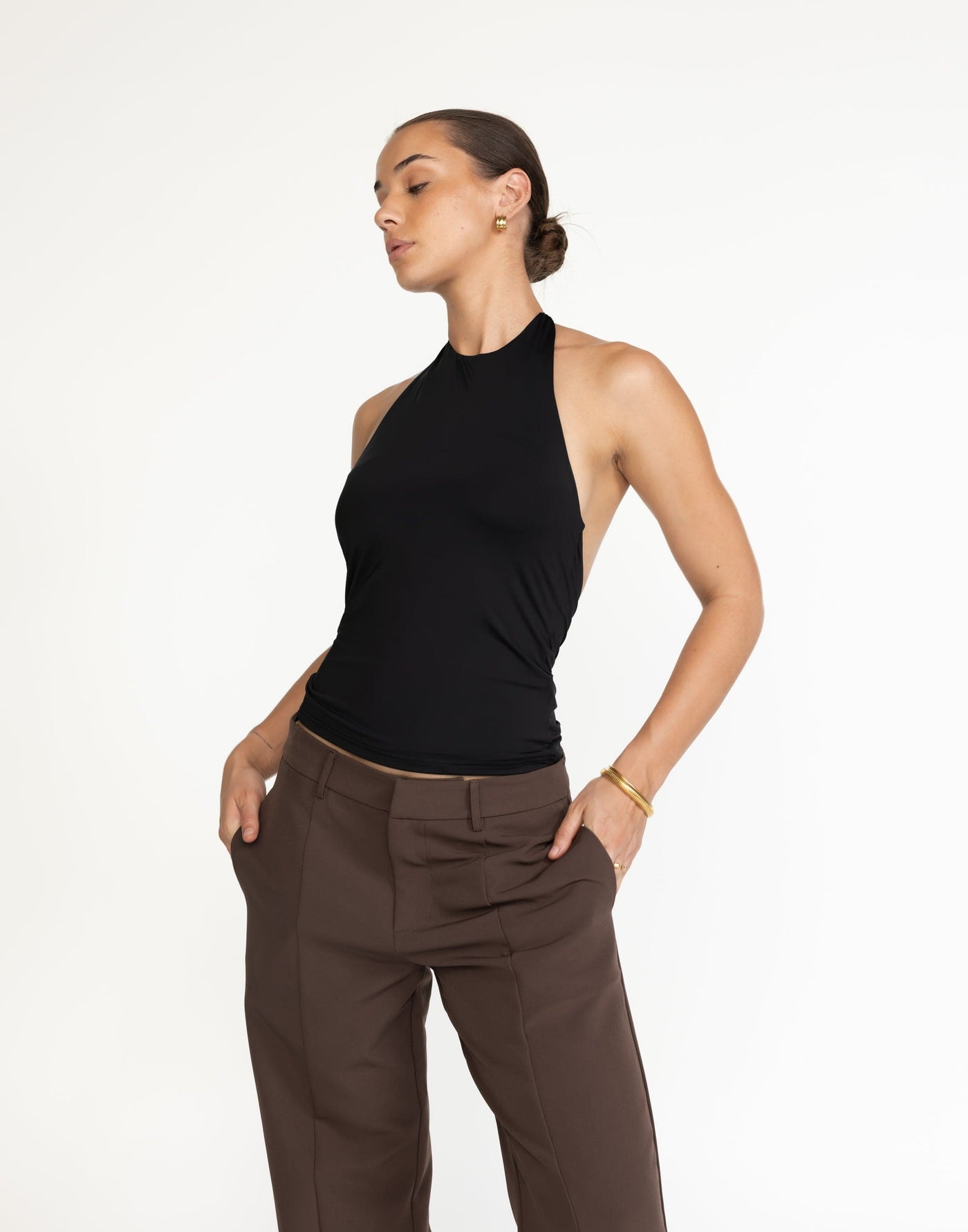 Speakeasy Top (Black) | CHARCOAL Exclusive - Tie Up Halter Top, Gold Back Detailing - Women's Top - Charcoal Clothing