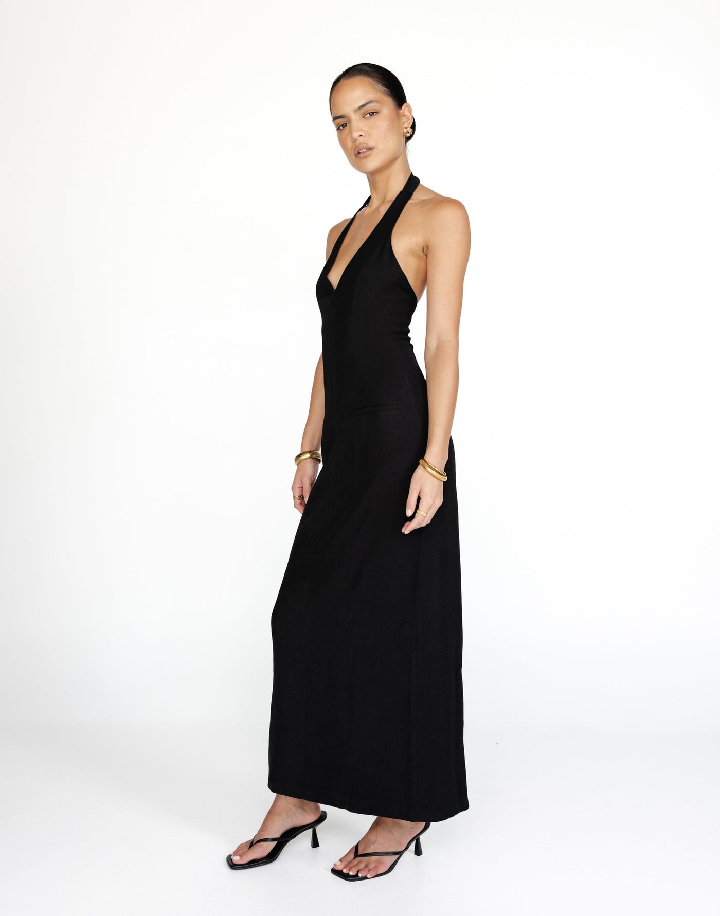 Kit Maxi Dress (Black) | CHARCOAL Exclusive - Halter Neck V-Neckline Suiting Maxi Dress - Women's Dress - Charcoal Clothing