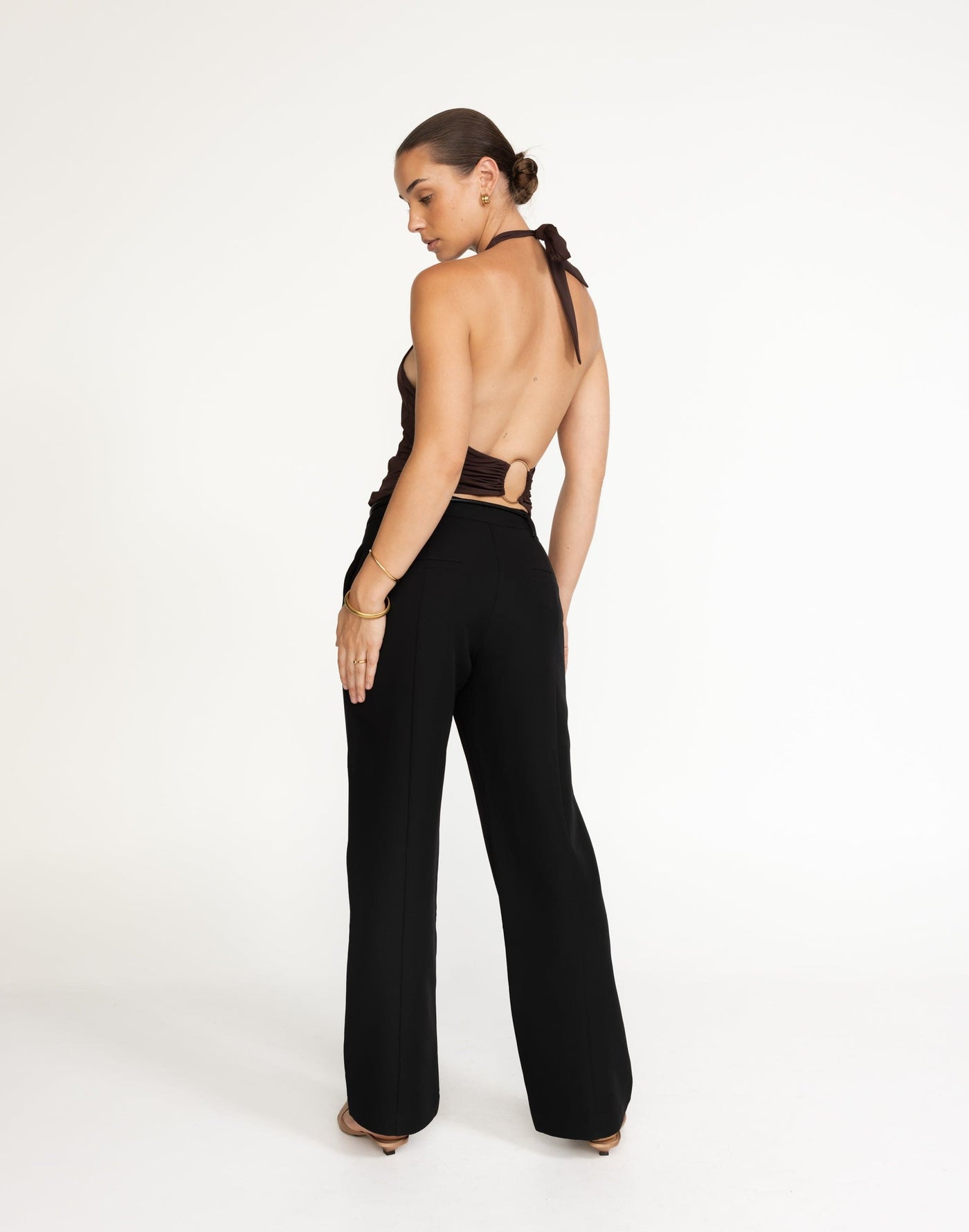 Speakeasy Top (Cocoa) | CHARCOAL Exclusive - Tie Up Halter Top, Gold Detailing - Women's Top - Charcoal Clothing