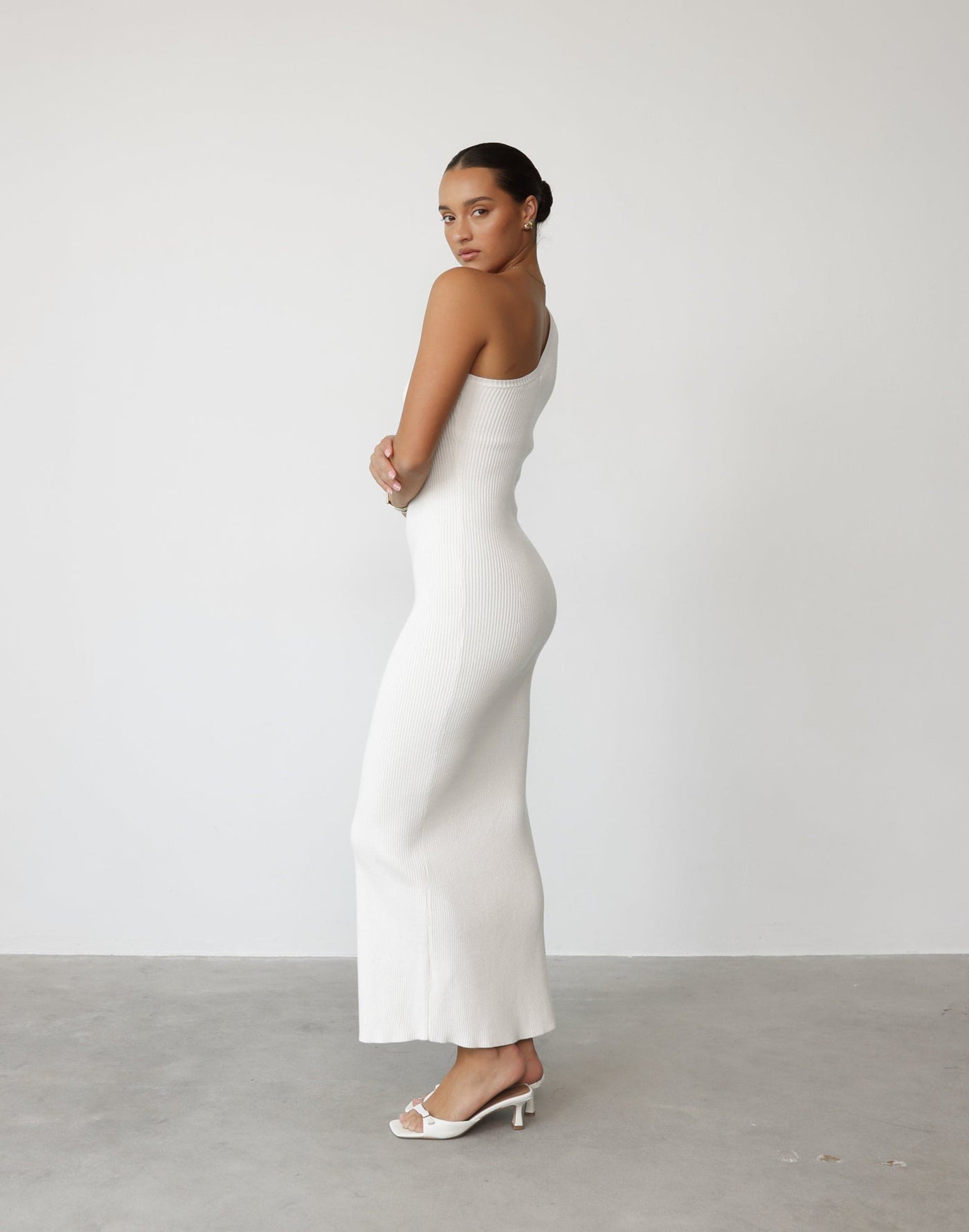 Aubany Maxi Dress (Cream) | CHARCOAL Exclusive - Knit Ribbed Stretchy One Shoulder Maxi Dress - Women's Dress - Charcoal Clothing