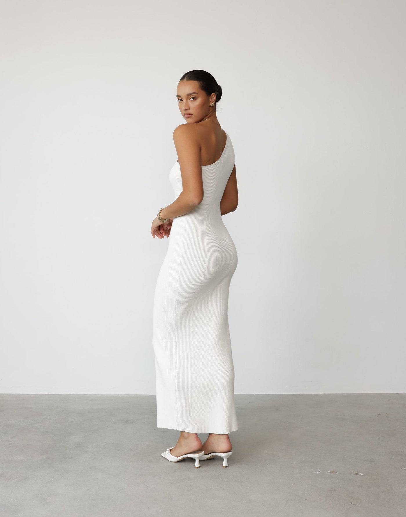 Aubany Maxi Dress (Cream) | CHARCOAL Exclusive - Knit Ribbed Stretchy One Shoulder Maxi Dress - Women's Dress - Charcoal Clothing