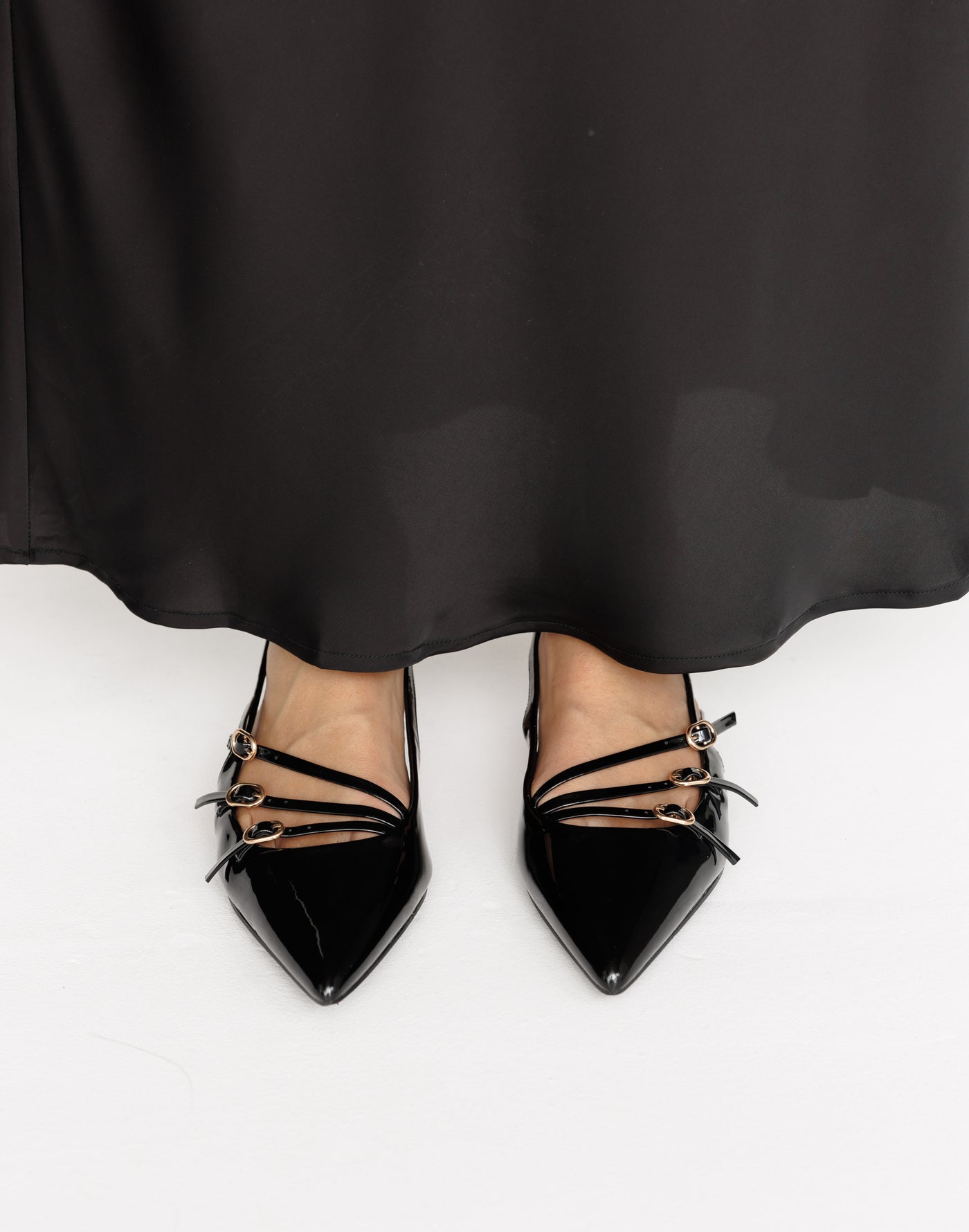 Hettie Flats (Black Patent) - By Billini - Strappy Pointed Toe Open Heel Flats - Women's Shoes - Charcoal Clothing