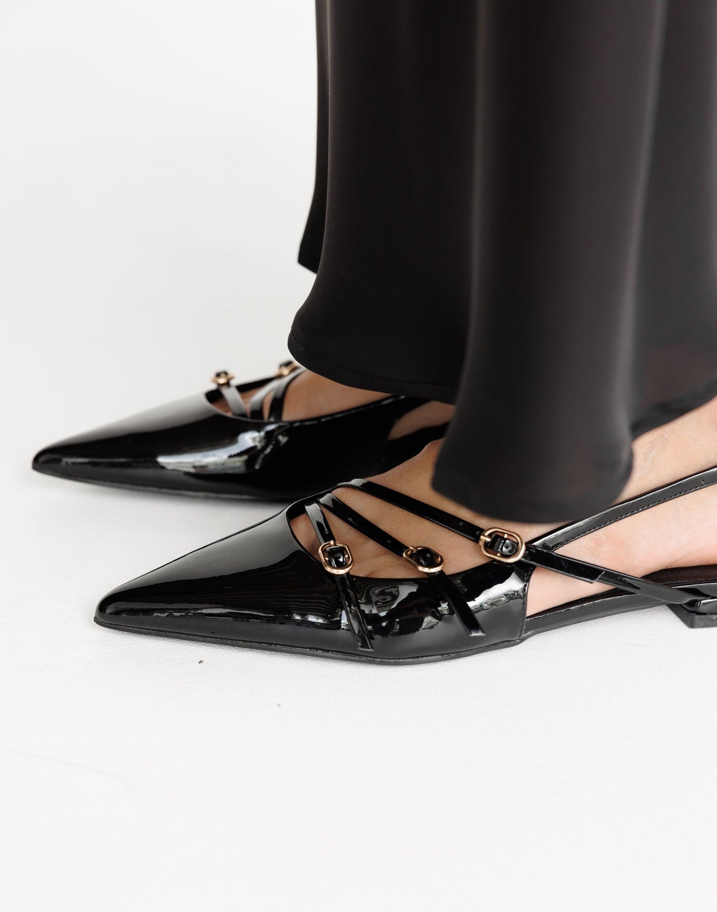 Hettie Flats (Black Patent) - By Billini - Strappy Pointed Toe Open Heel Flats - Women's Shoes - Charcoal Clothing