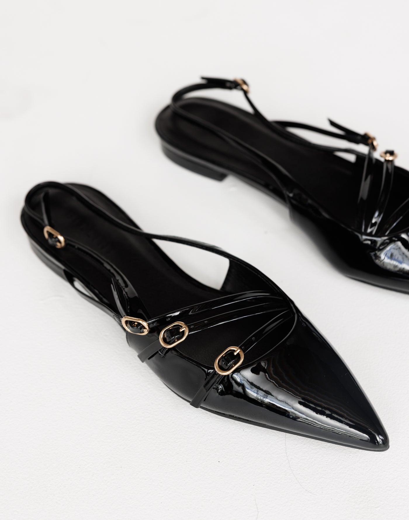 Hettie Flats (Black Patent) - By Billini - Strappy Pointed Toe Open Heel Flats - Women's Shoes - Charcoal Clothing