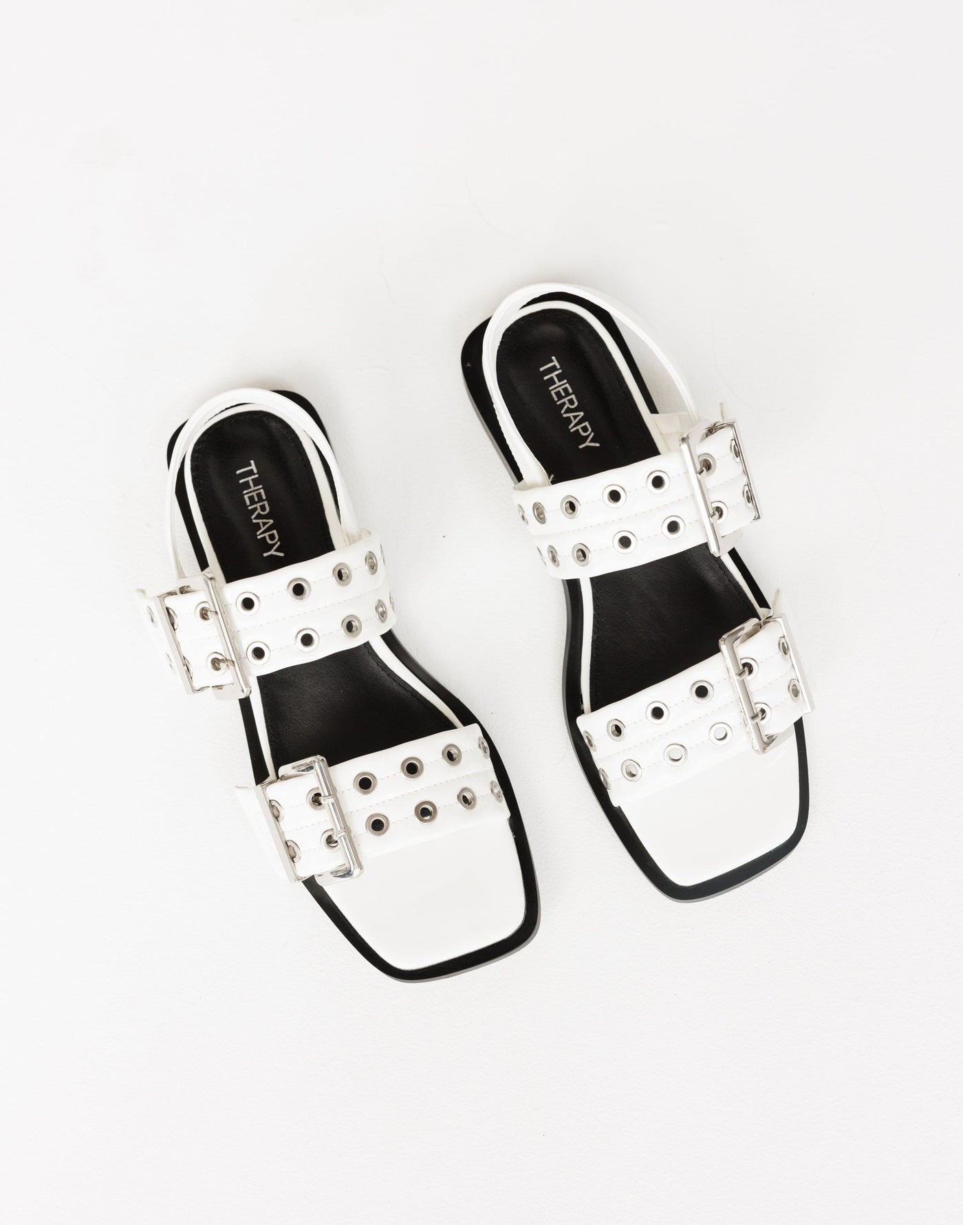 Elemental Slingback Flats (White) - By Therapy - Eyelet Detail Dual Strap Open Toe Slides - Women's Shoes - Charcoal Clothing