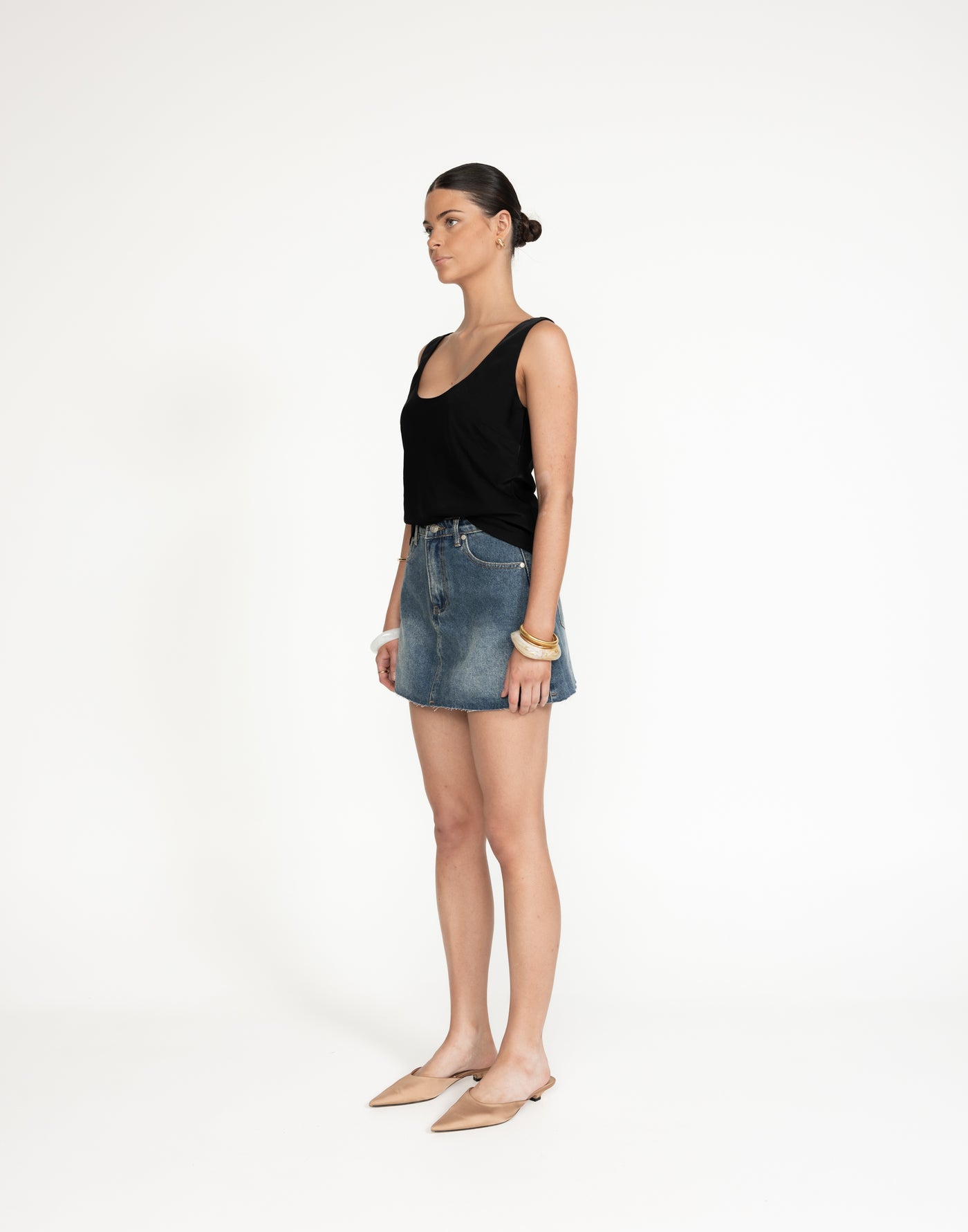 Asher Denim Mini Skirt (Faded Mid Wash) | CHARCOAL Exclusive - High Waisted Frayed Hem Mini Skirt - Women's Skirt - Charcoal Clothing