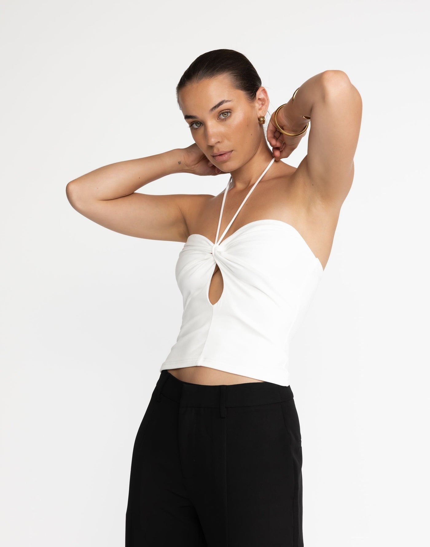 Coco Top (White) | CHARCOAL Exclusive - Halter Top, Twisted Knot Detailing - Women's Top - Charcoal Clothing