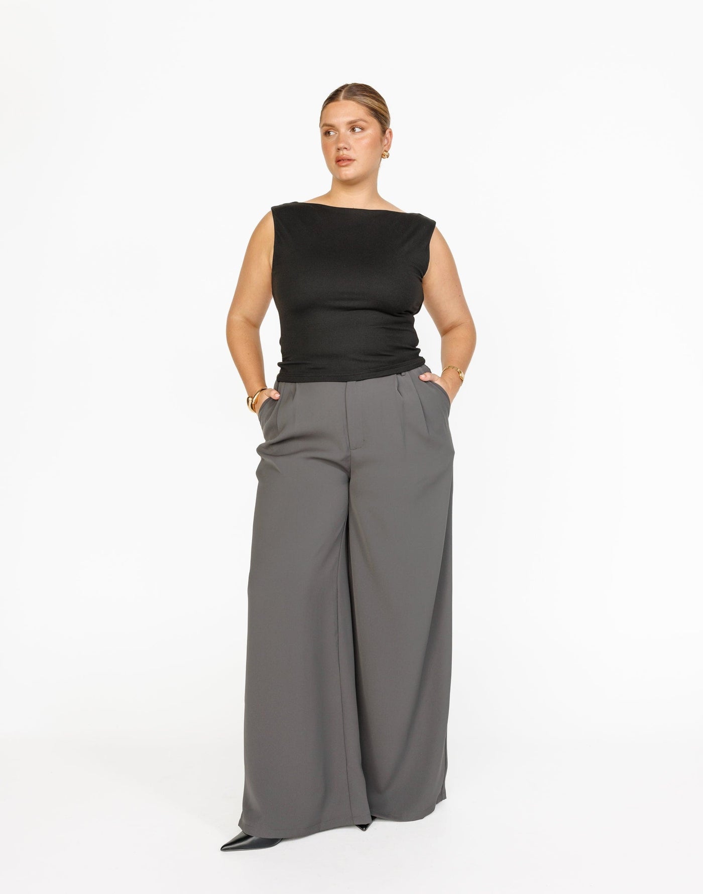 Chicago Pants (Slate) | CHARCOAL Exclusive - High Waisted Wide Leg Business Pants - Women's Pants - Charcoal Clothing