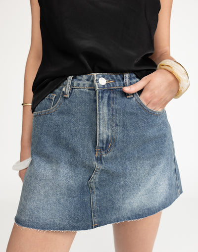 Asher Denim Mini Skirt (Faded Mid Wash) | CHARCOAL Exclusive - High Waisted Frayed Hem Mini Skirt - Women's Skirt - Charcoal Clothing