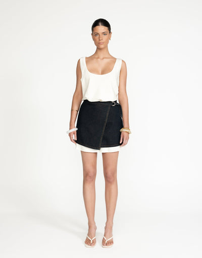 Nicholas Mini Skirt (Indigo) | CHARCOAL Exclusive - Wrap Style High Waisted Mini Skirt - Women's Skirt - Charcoal Clothing