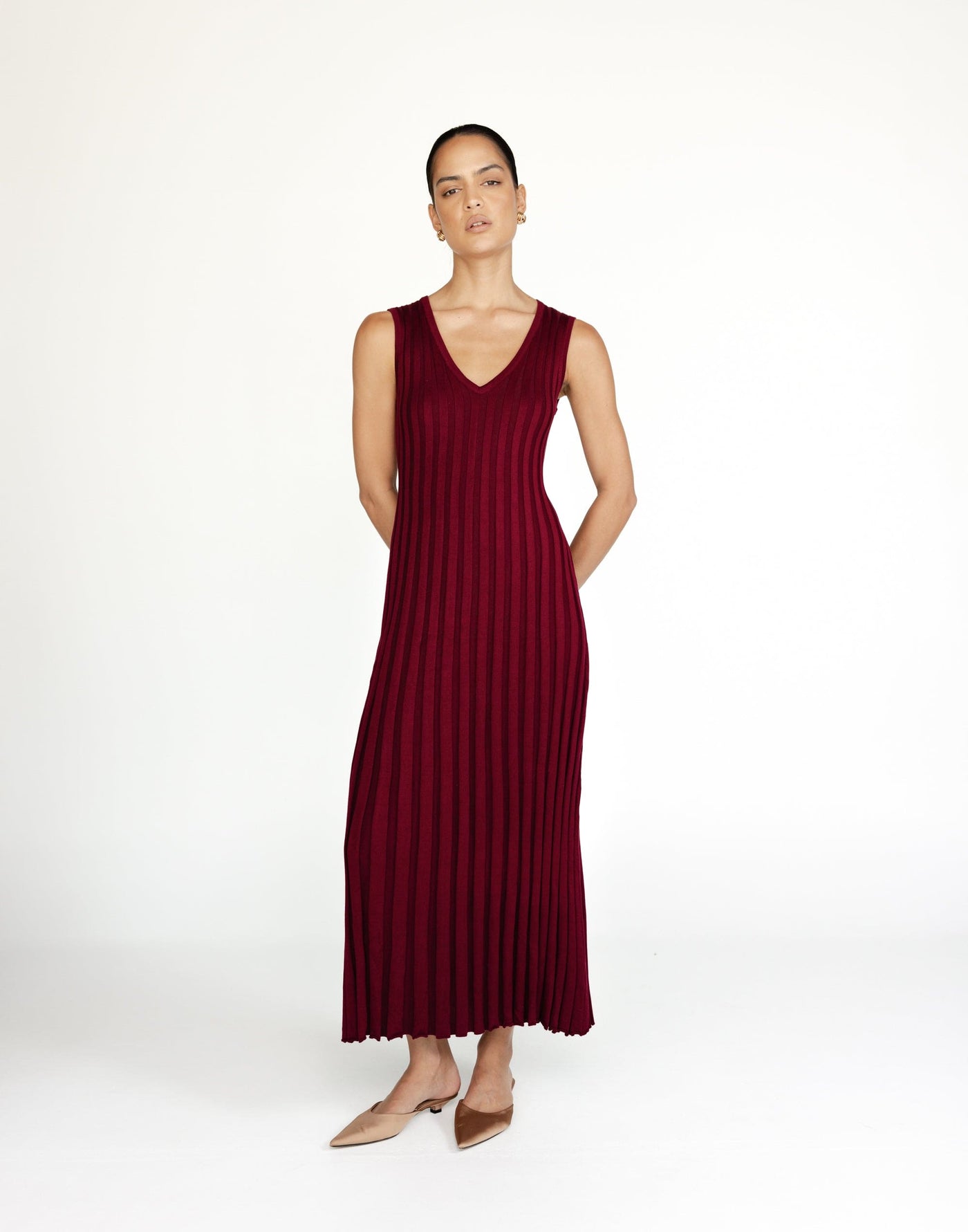 Mariposa Maxi Dress (Cranberry) | CHARCOAL Exclusive - V-neck Adjustable Waist Tie Ribbed Bodycon Dress - Women's Dress - Charcoal Clothing