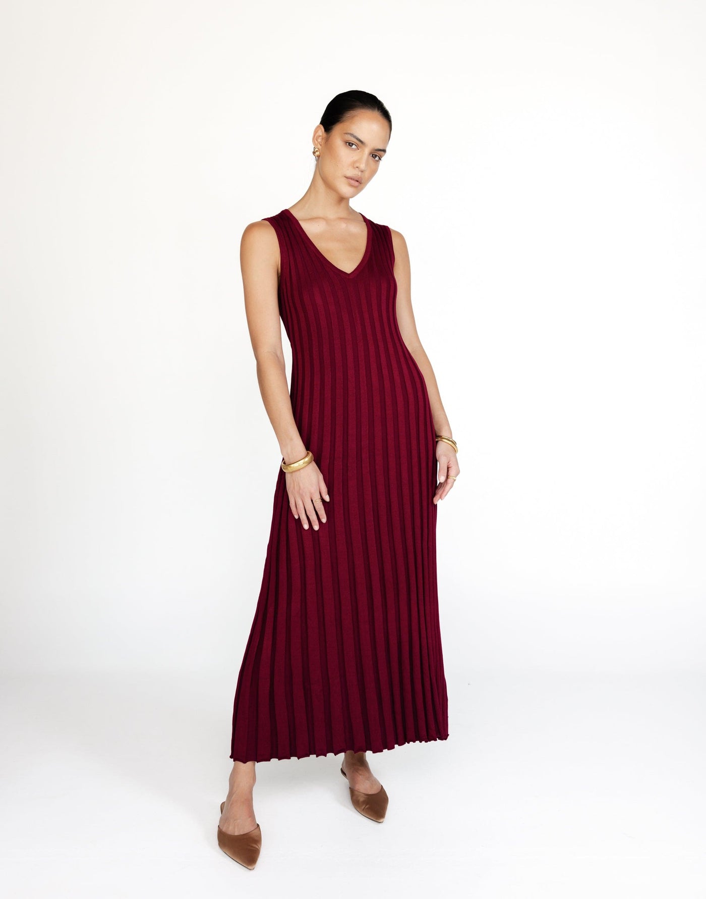 Mariposa Maxi Dress (Cranberry) | CHARCOAL Exclusive - V-neck Adjustable Waist Tie Ribbed Bodycon Dress - Women's Dress - Charcoal Clothing