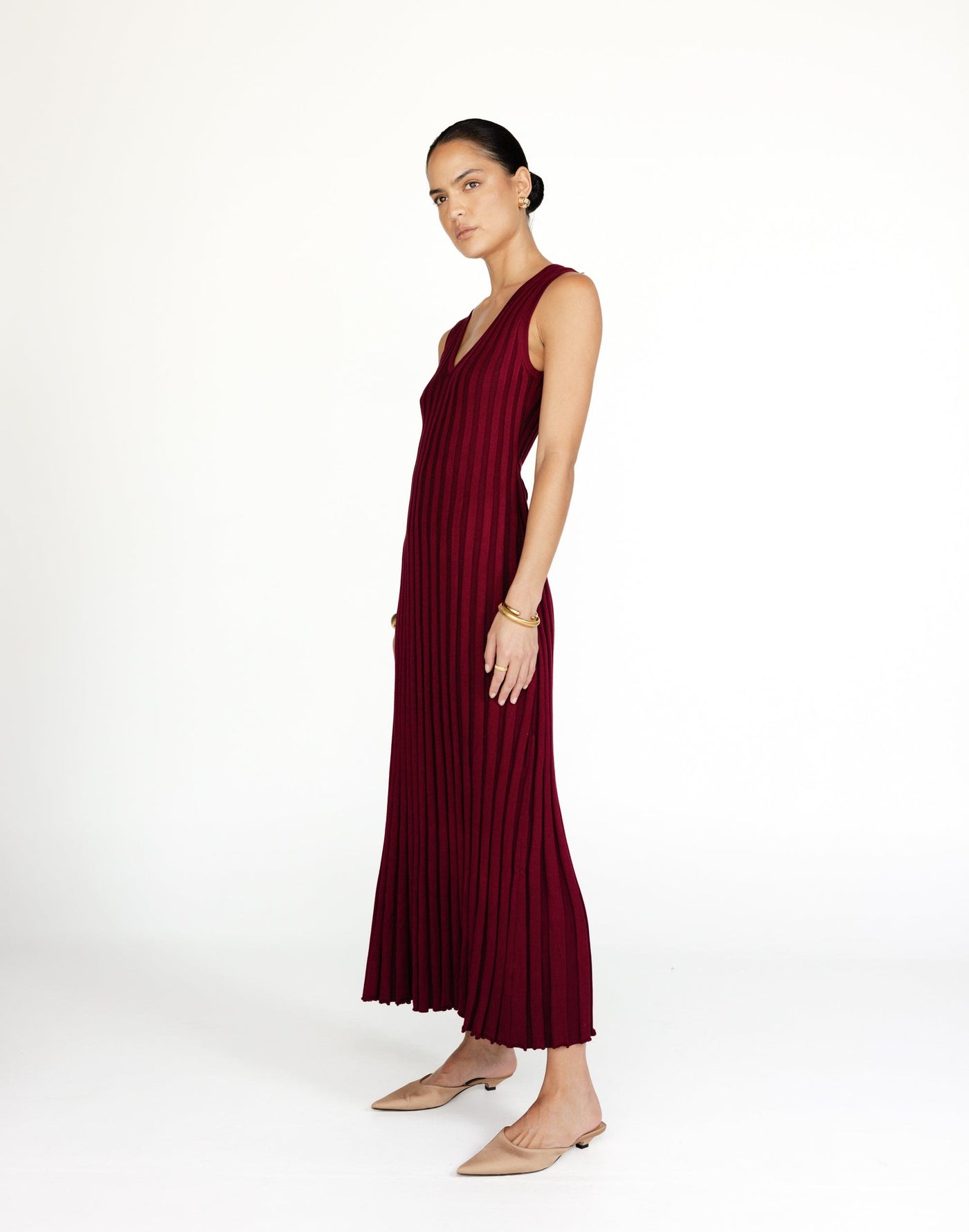 Mariposa Maxi Dress (Cranberry) | CHARCOAL Exclusive - V-neck Adjustable Waist Tie Ribbed Bodycon Dress - Women's Dress - Charcoal Clothing