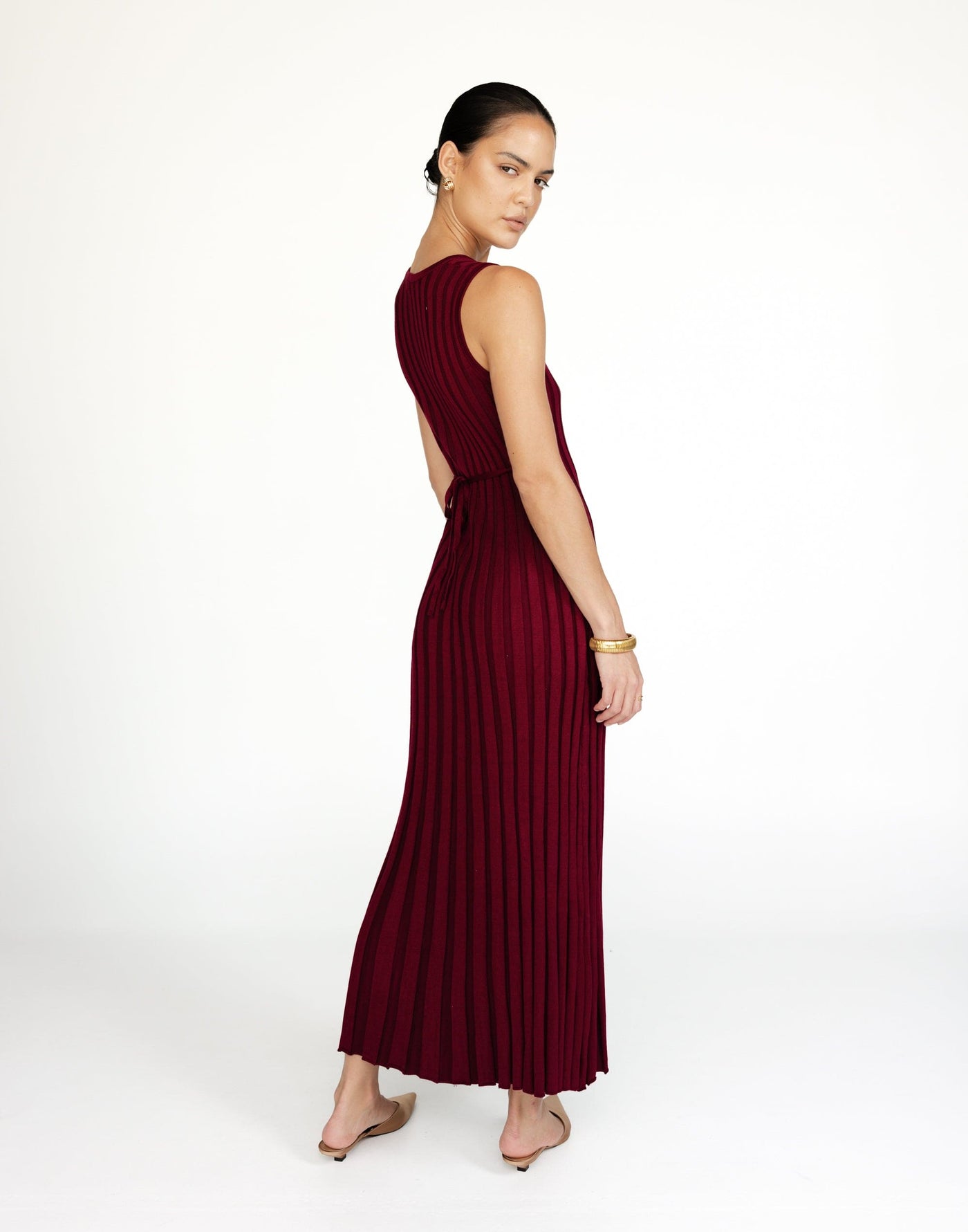 Mariposa Maxi Dress (Cranberry) | CHARCOAL Exclusive - V-neck Adjustable Waist Tie Ribbed Bodycon Dress - Women's Dress - Charcoal Clothing