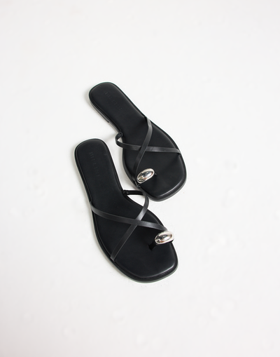 Nya Flats (Black) - By Billini - Square Toe Flats Silver Ring Detail - Women's Shoes - Charcoal Clothing