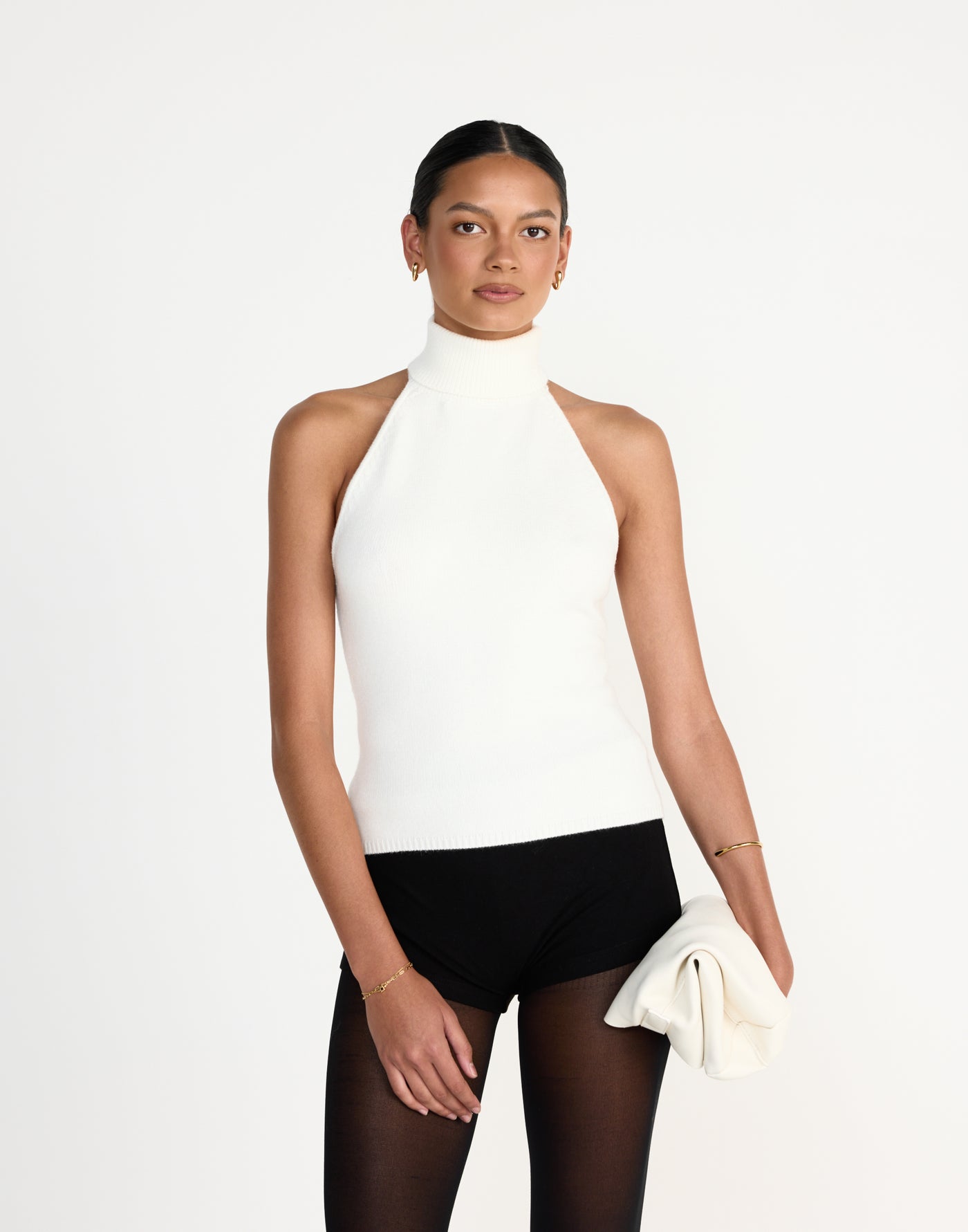 Ninette Top (Off White) - CHARCOAL EXCLUSIVE - High neck knit fabrication top with low back - Women's Top - Charcoal Clothing