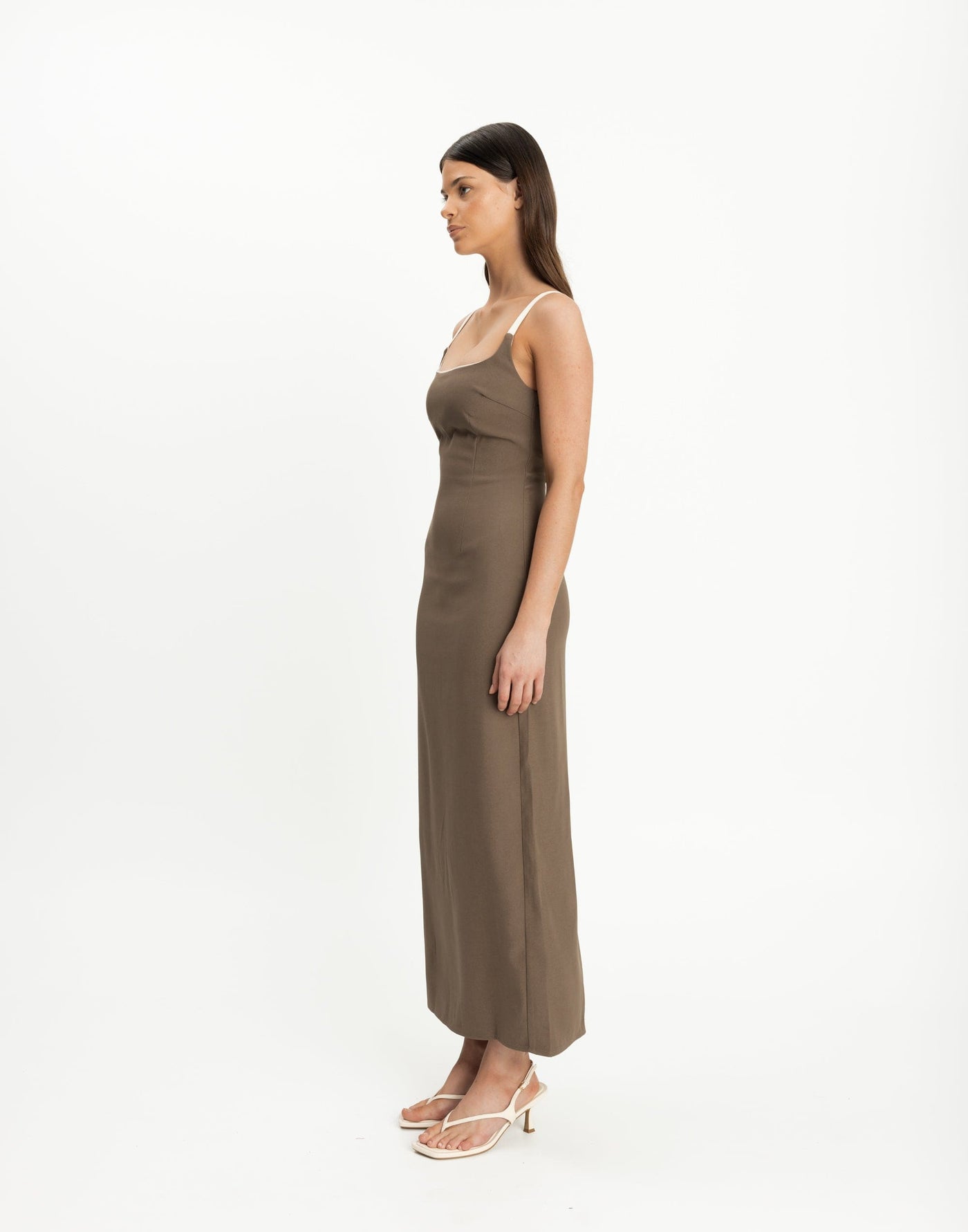 Alistair Maxi Dress (Coffee) | CHARCOAL Exclusive - Contrast Detail Suiting Maxi Dress - Women's Dress - Charcoal Clothing