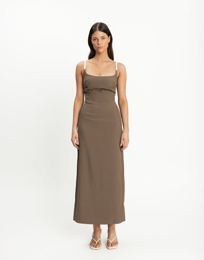 Alistair Maxi Dress (Coffee) | CHARCOAL Exclusive - Contrast Detail Suiting Maxi Dress - Women's Dress - Charcoal Clothing