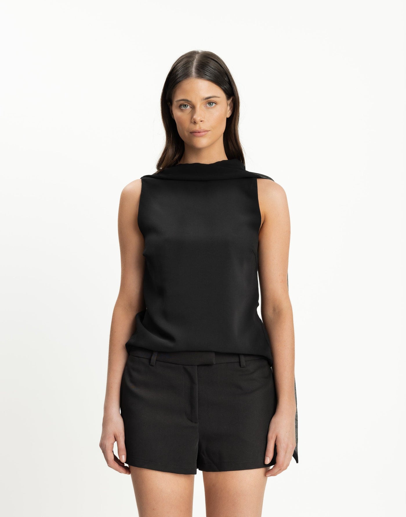 Nikolai Top (Black) | CHARCOAL Exclusive - High Neckline Low Back Top with Attached Neck Scarf - Women's Top - Charcoal Clothing