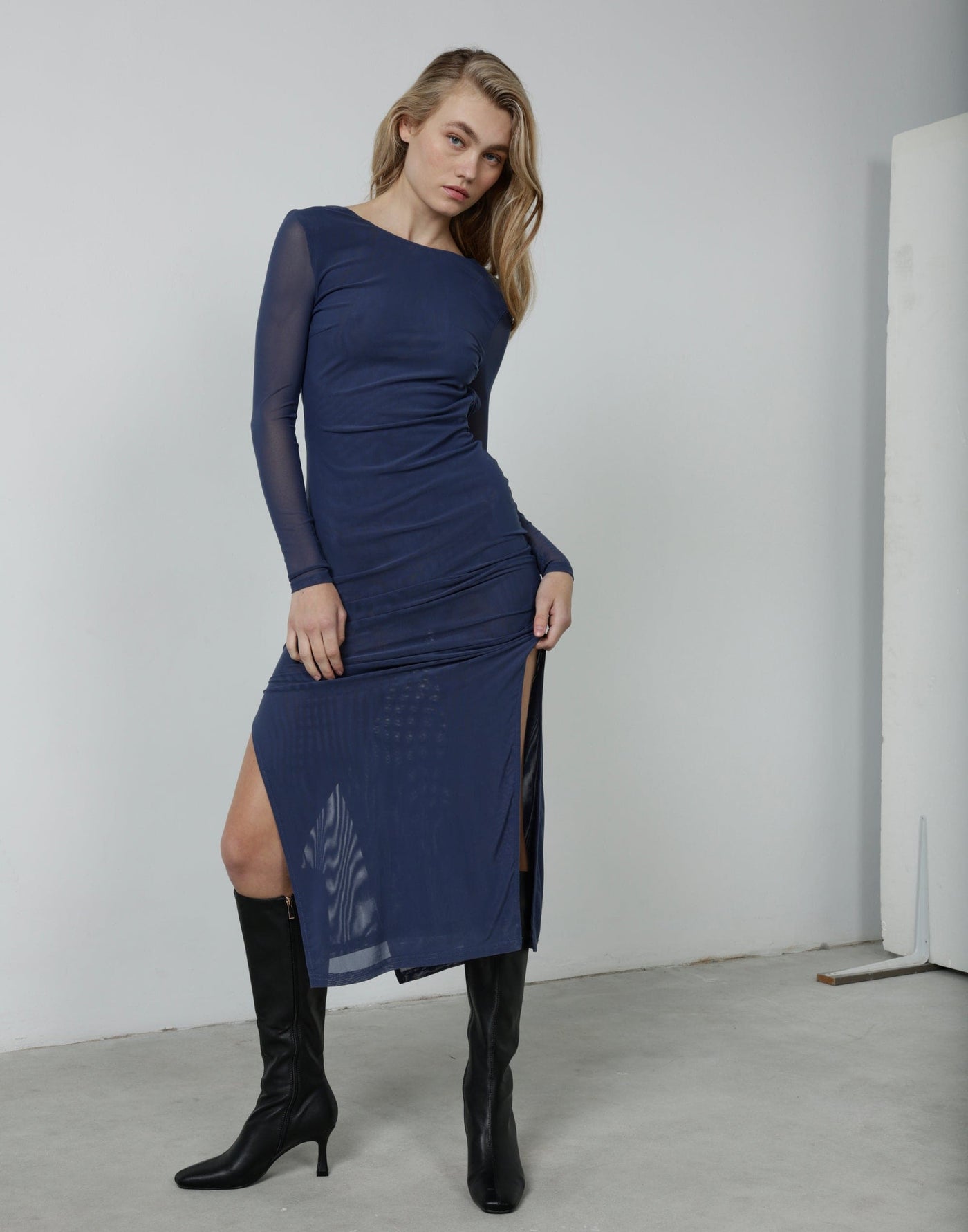 Luna Mesh Maxi Dress (Storm Blue) - Mesh Backless Long Sleeve Maxi Dress - Women's Dress - Charcoal Clothing