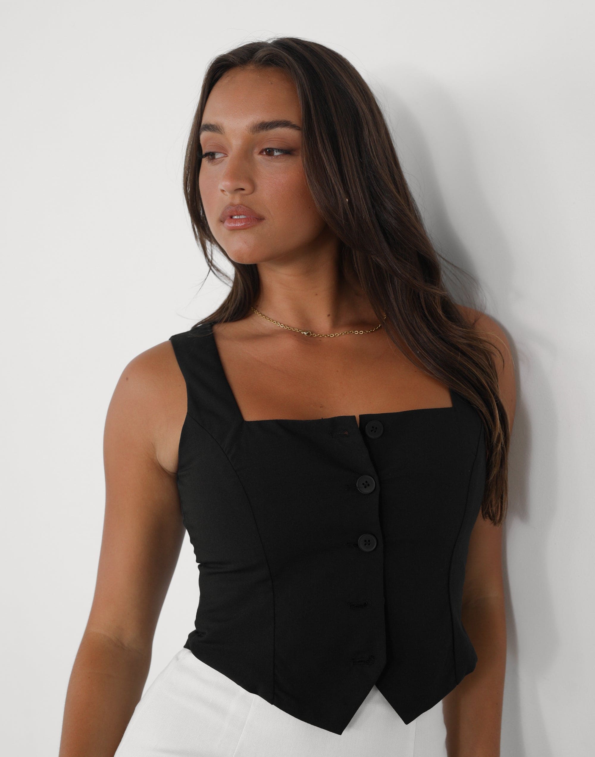 Danna Top (Black) - Vest Style Square Neck Top – CHARCOAL