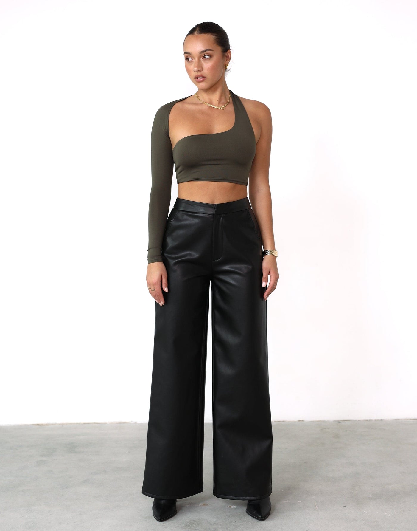 Ryleigh Crop Top (Burnt Olive) - One Sleeve Open Back Top - Women's Top - Charcoal Clothing