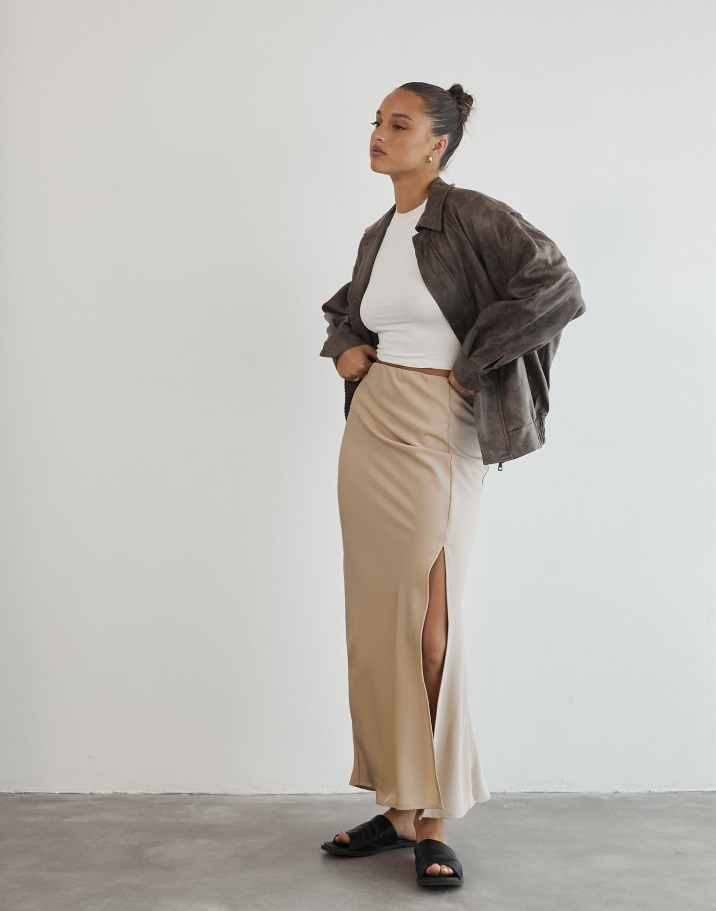 Beige satin clearance maxi skirt