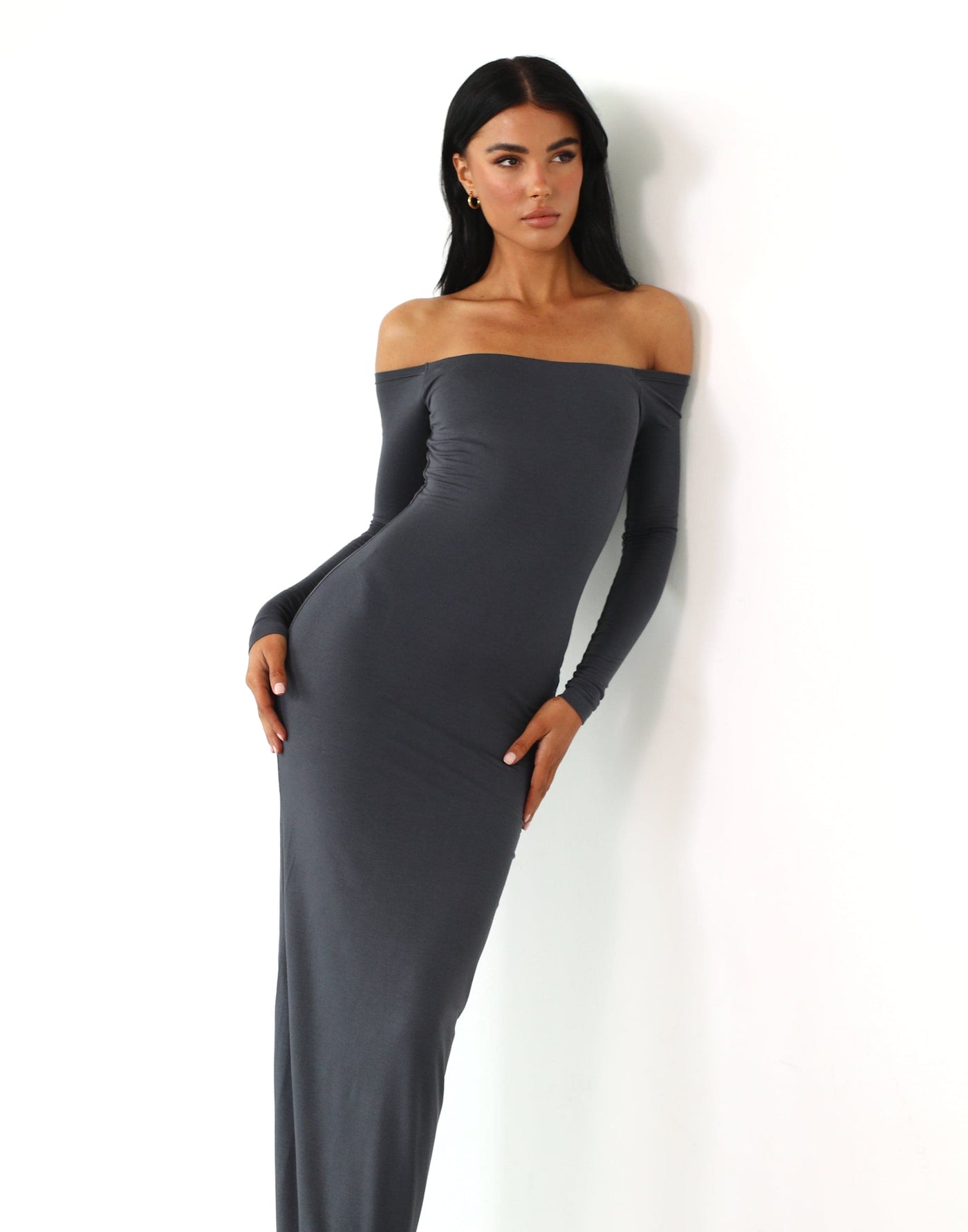 Iris Maxi Dress (Charcoal) - Off-the-shoulder Long Sleeve Maxi Dress ...