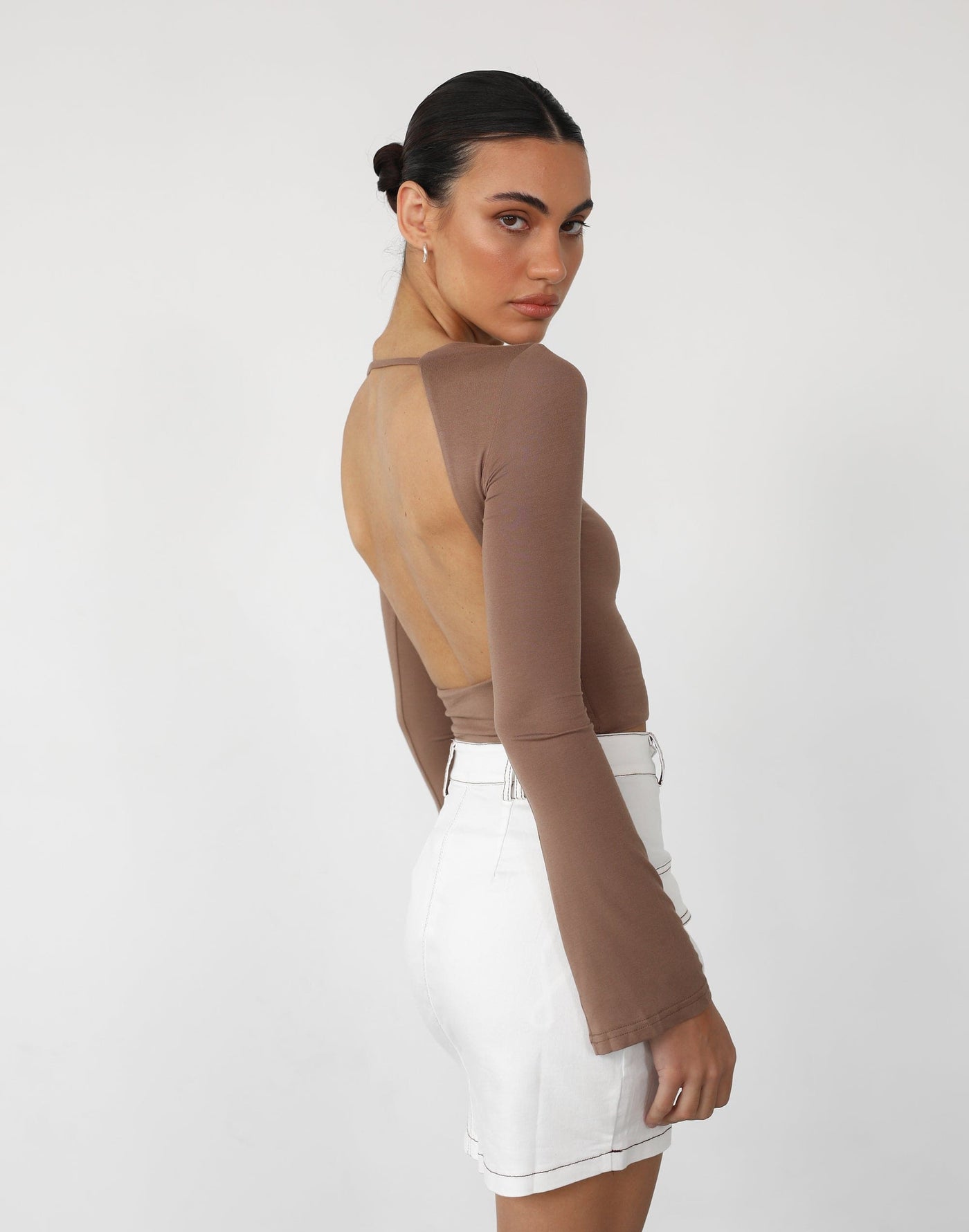 Danika Long Sleeve Top (Mocha) - Mocha Long Sleeve Open Back Top - Women's Top - Charcoal Clothing