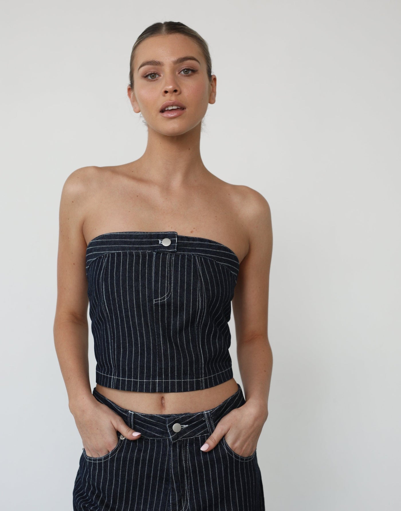 Pamela Corset Top (Mid Wash) - Mid Wash Denim Corset - Women's Tops - Charcoal Clothing