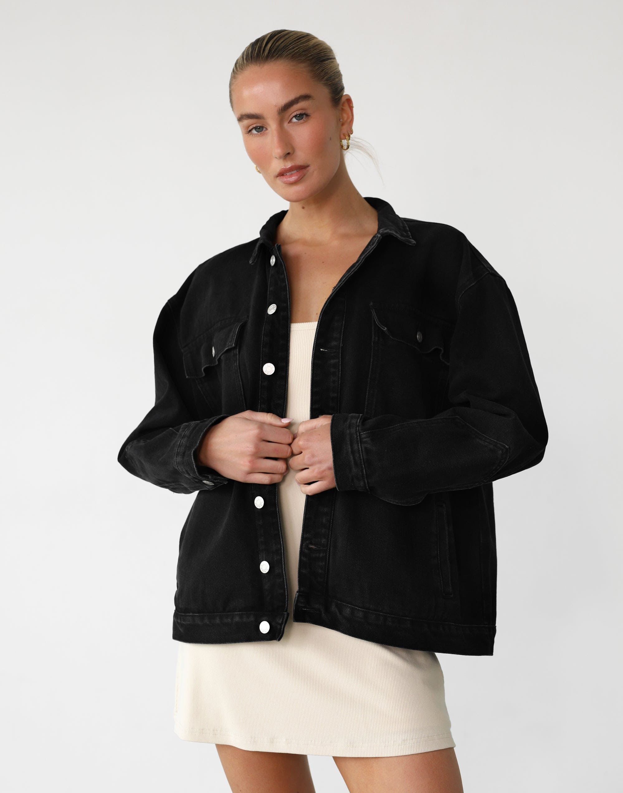 Adrian Denim Jacket (Black Wash) - - Oversized Silver Detail Denim ...