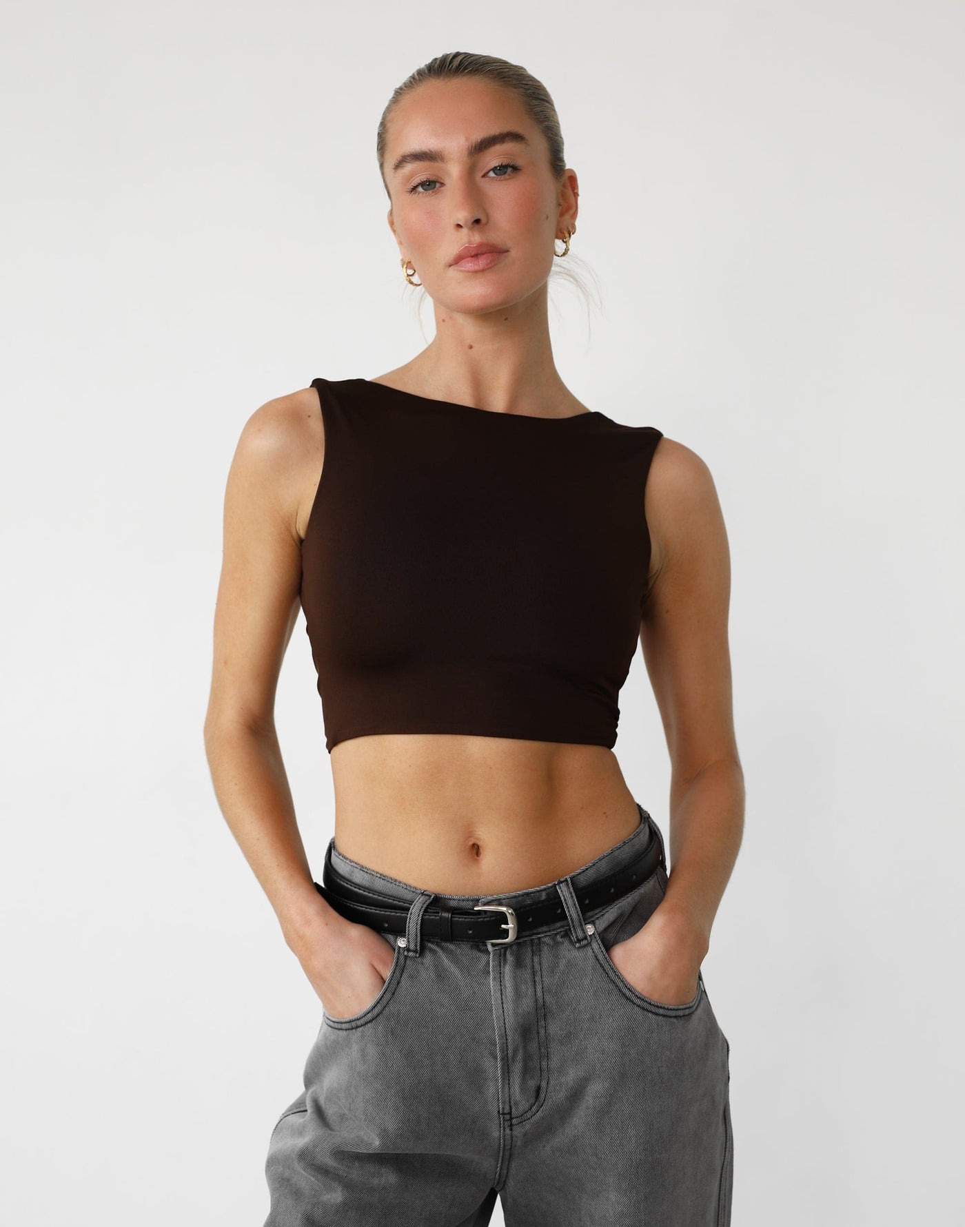 Kayce Crop Top (Cocoa) - Open Tie Up Back Crop Top – CHARCOAL