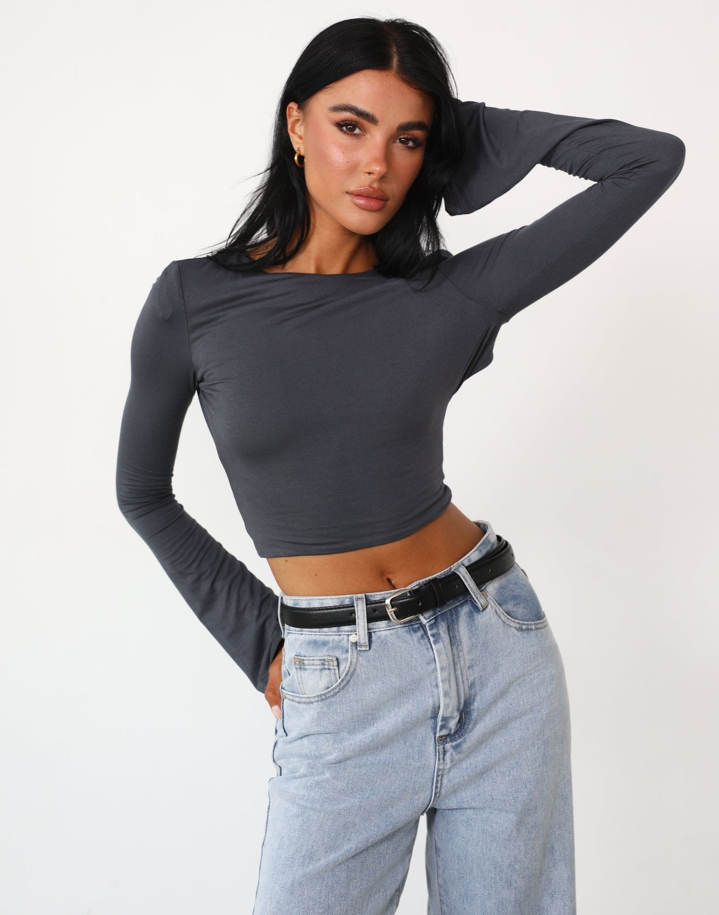 Danika Long Sleeve Top (Charcoal)- Jersey Backless Flared Sleeve – CHARCOAL