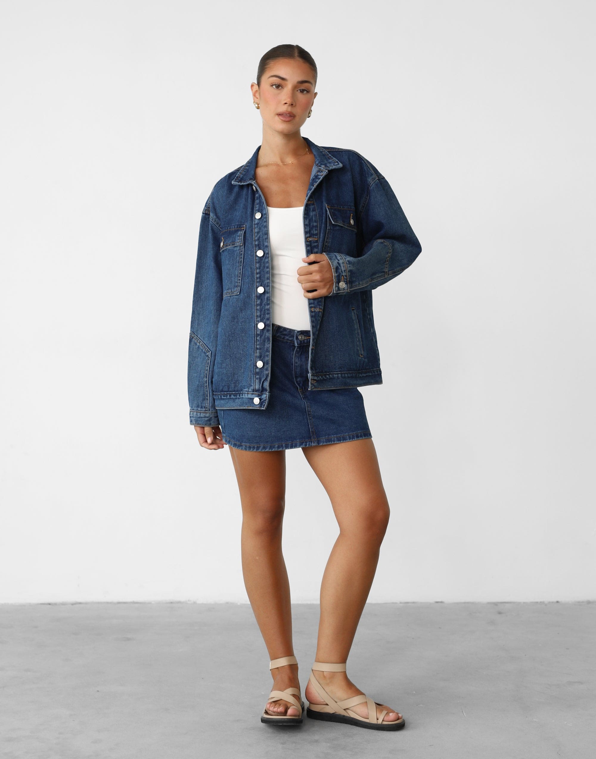 Adrian Denim Jacket (Dark Denim) - Oversized Silver Detail Denim Jacket ...