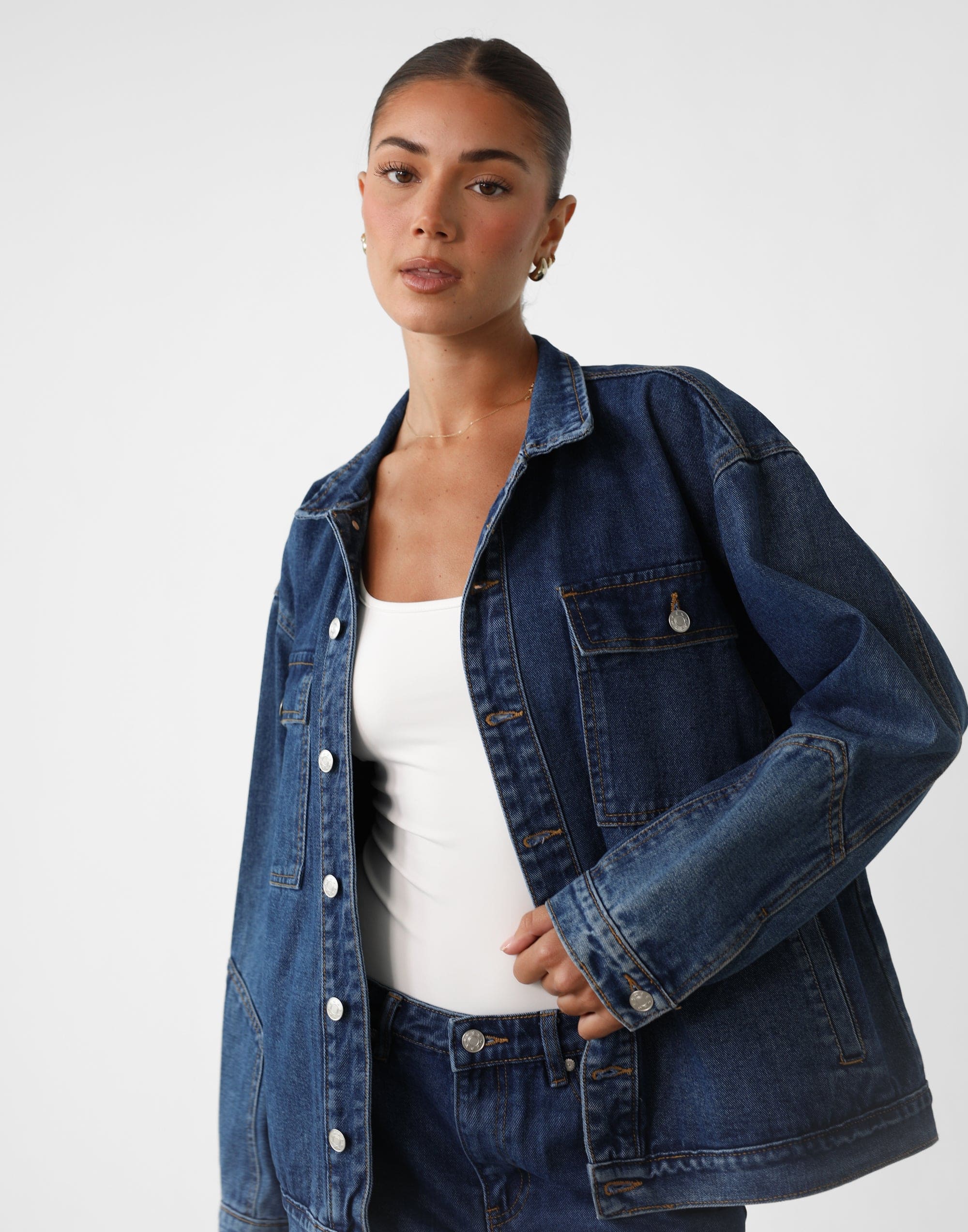 Adrian Denim Jacket (Dark Denim) - Oversized Silver Detail Denim Jacket ...