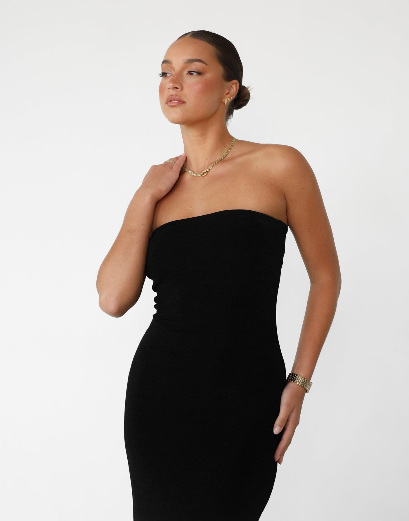 Abelle Maxi Dress (Black) - Shimmer Detail Strapless Maxi – CHARCOAL