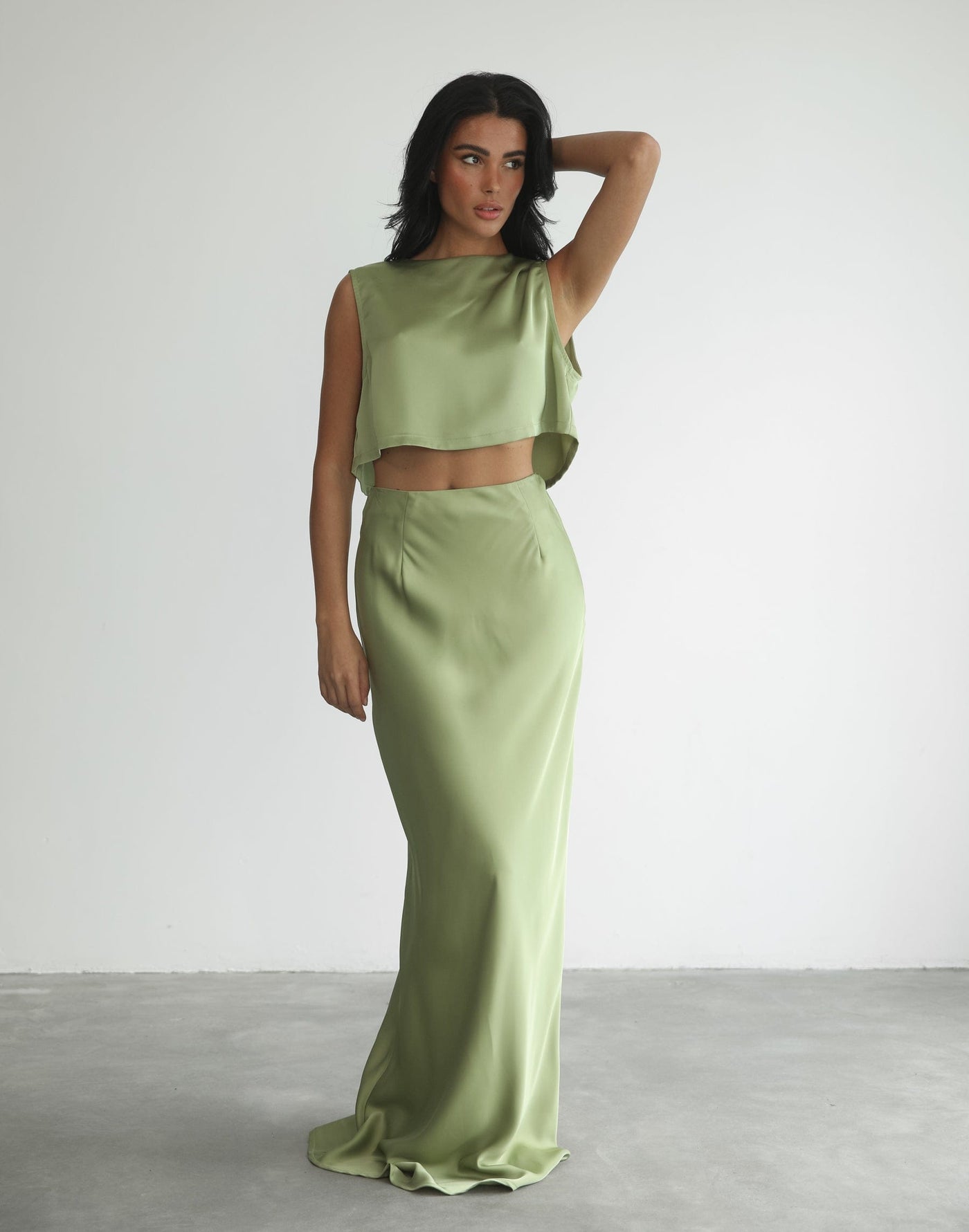 Sincerity Maxi Skirt (Sage) - Sage Satin High Waisted Skirt - Women's Skirt - Charcoal Clothing