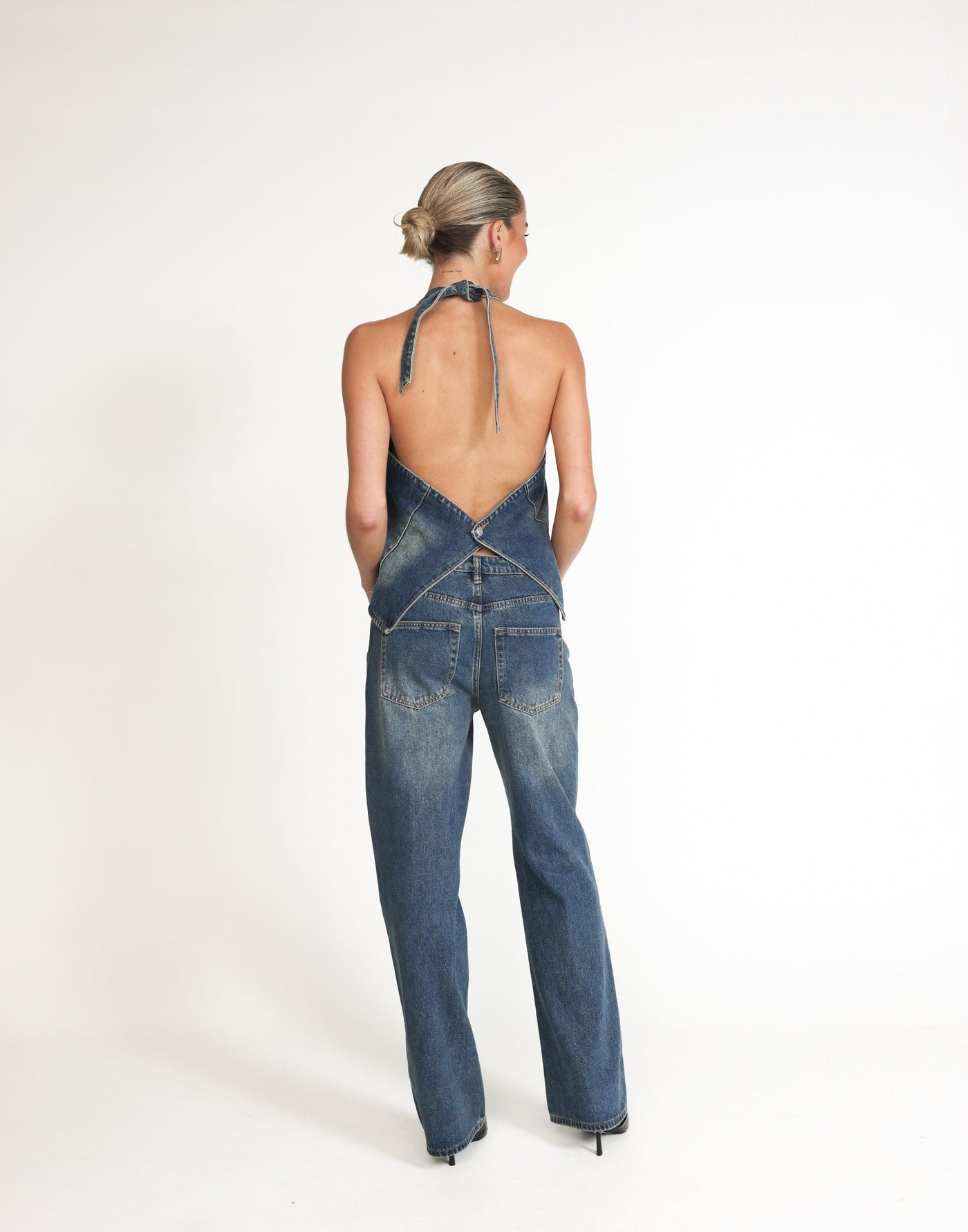 Elham Denim Top (Faded Mid Wash) | CHARCOAL Exclusive - Relaxed Fit Long Halter V-Neck Top - Women's Top - Charcoal Clothing