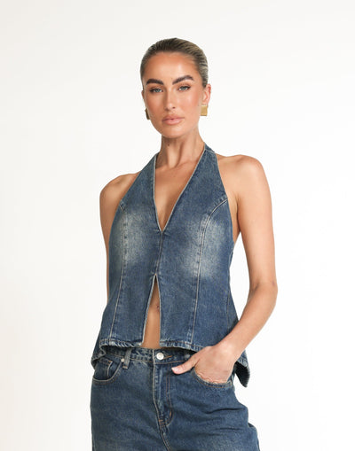 Elham Denim Top (Faded Mid Wash) | CHARCOAL Exclusive - Relaxed Fit Long Halter V-Neck Top - Women's Top - Charcoal Clothing