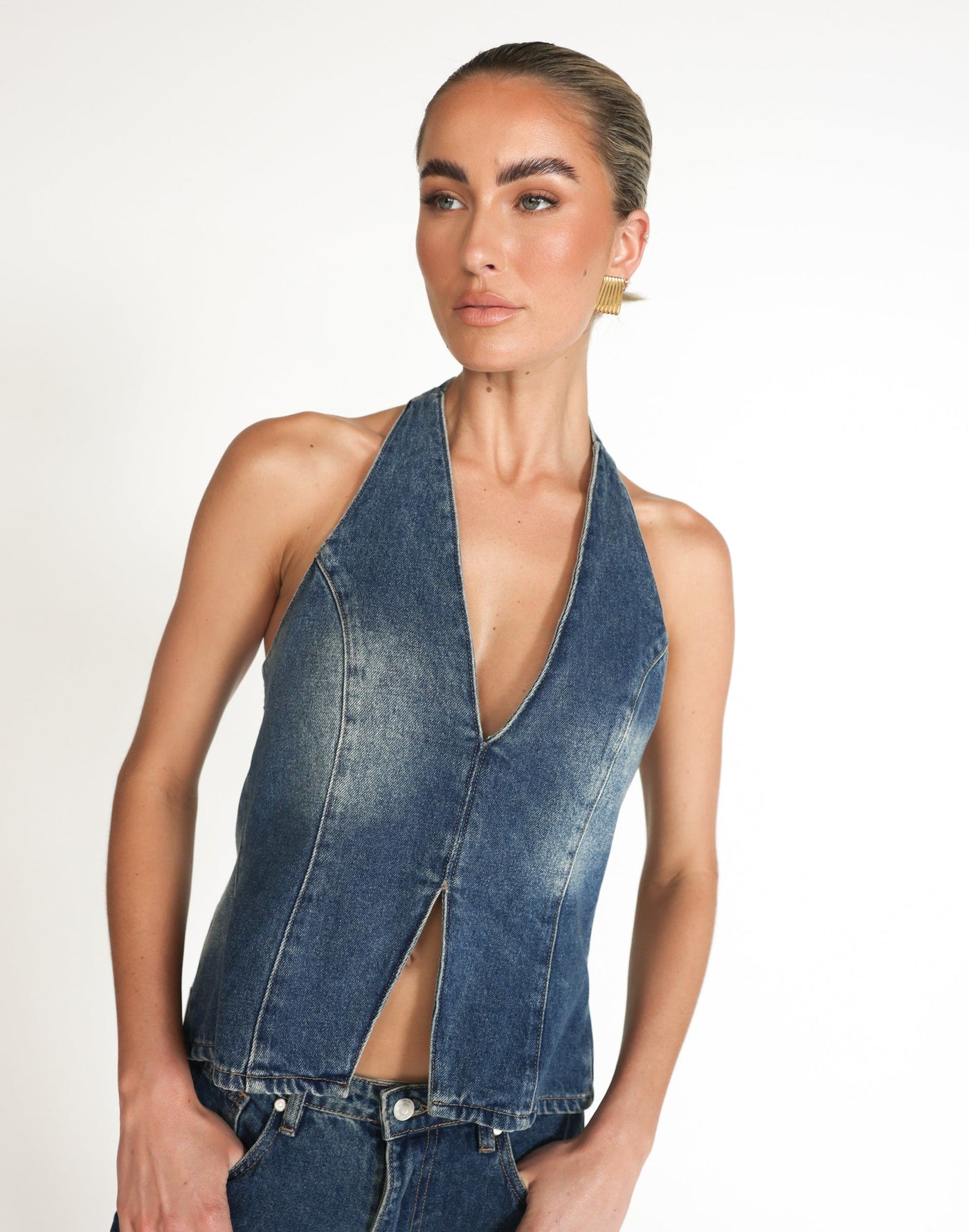 Elham Denim Top (Faded Mid Wash) | CHARCOAL Exclusive - Relaxed Fit Long Halter V-Neck Top - Women's Top - Charcoal Clothing