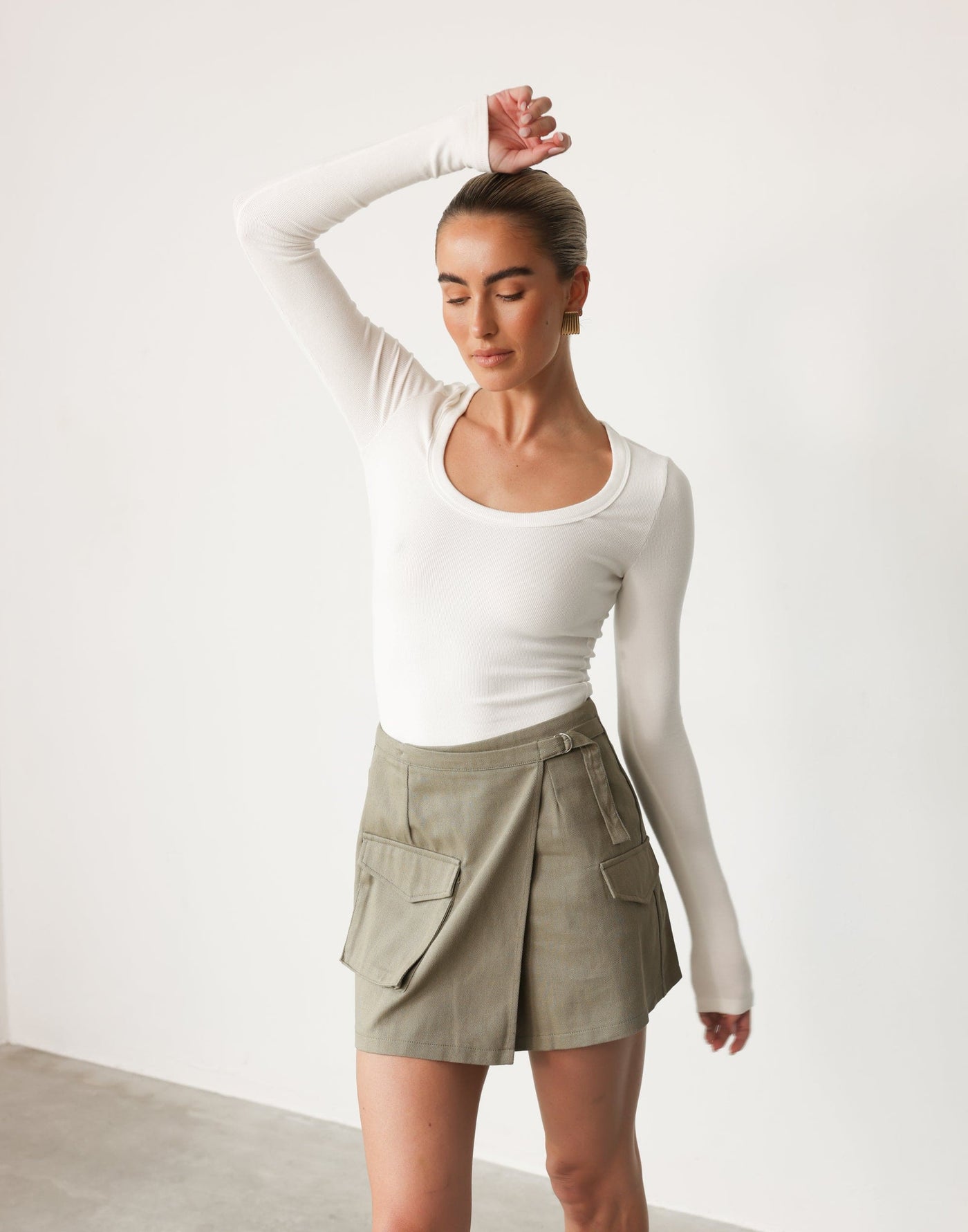 Scottie Mini Skirt (Khaki) - Cargo Wrap Khaki Mini Skirt - Women's Skirt - Charcoal Clothing